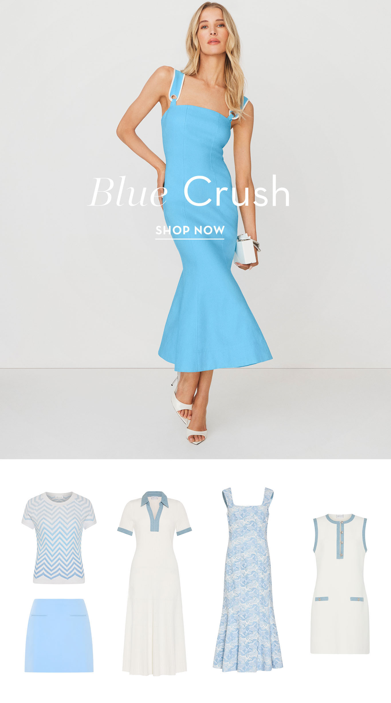 Model in a blue dress with additional clothing items below. Text: 