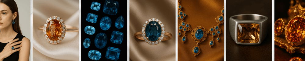 collage of topaz guide images showing model wearing blue topaz jewelry, orange and blue topaz rings, collections of faceted gemstones in different colors, topaz men’s ring, and antique golden setting with topaz