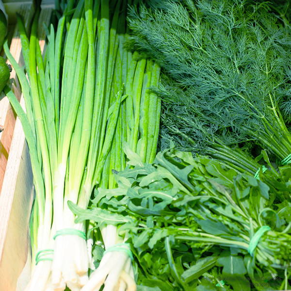 High Quality Organics Express fresh herbs with onions and dill and arugula
