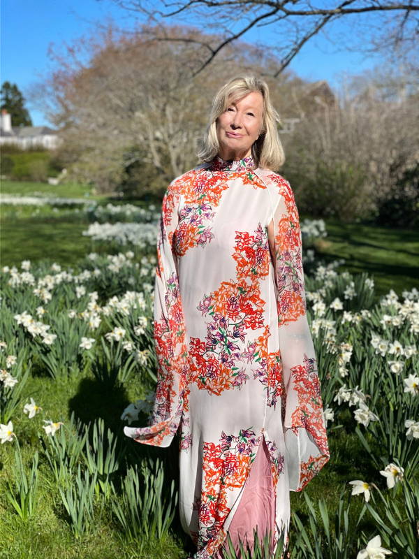 Sylvie Chantecaille wearing wearing floral printed silk dress by Ala von Auersperg