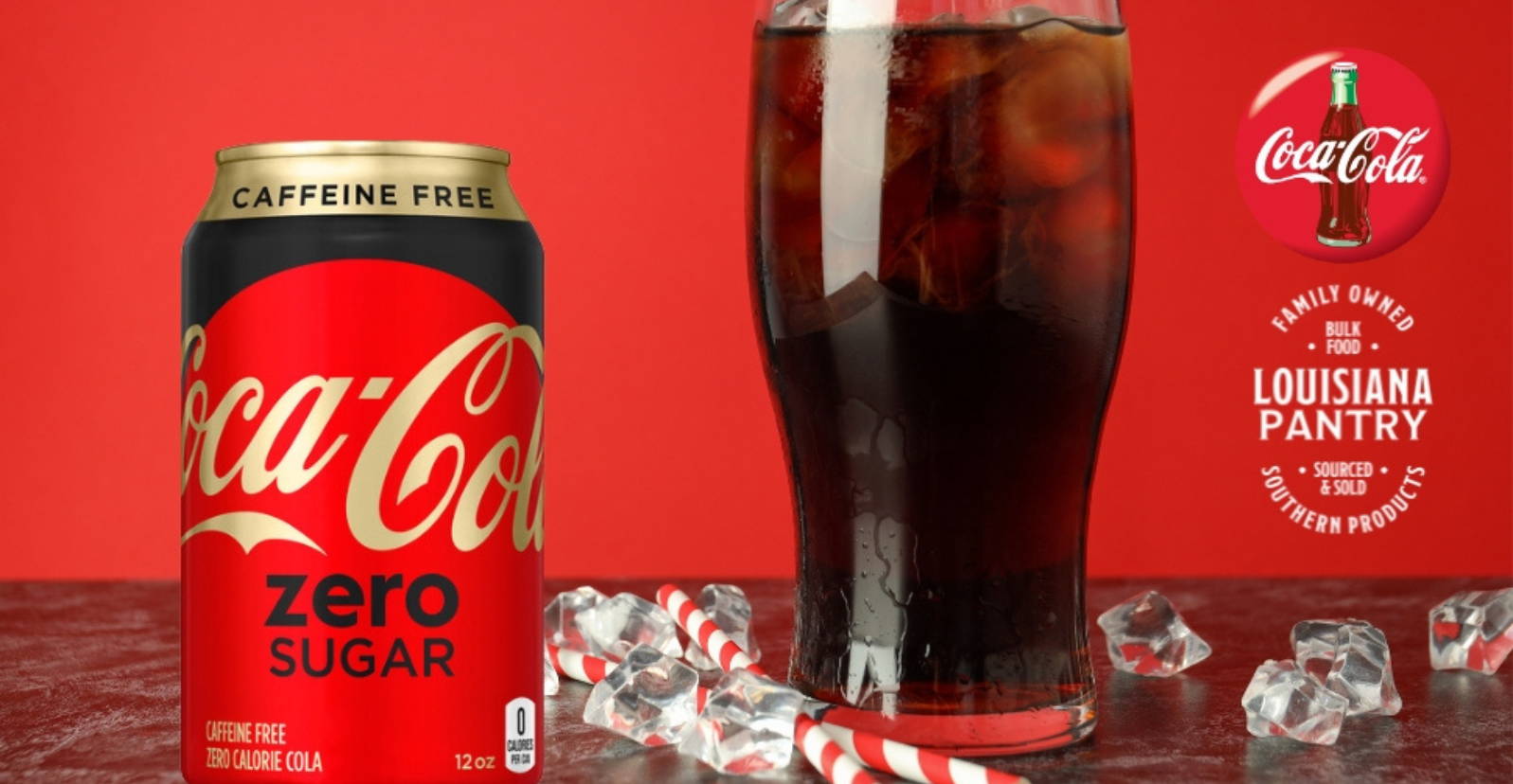 Red background image of Coca Cola Zero Sugar Caffeine Free with Ice Cubes
