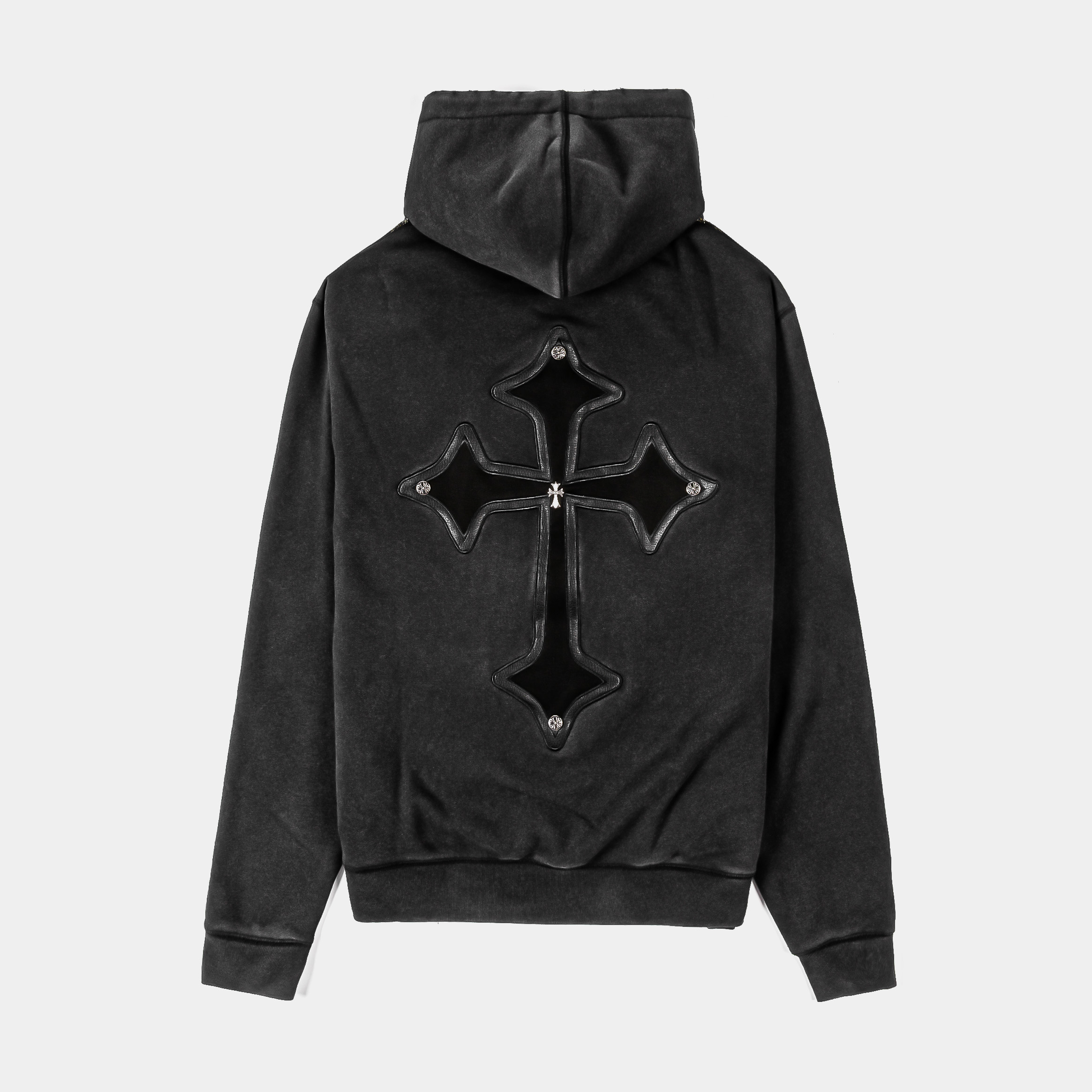 Black hoodie with silver cross designs on the front.