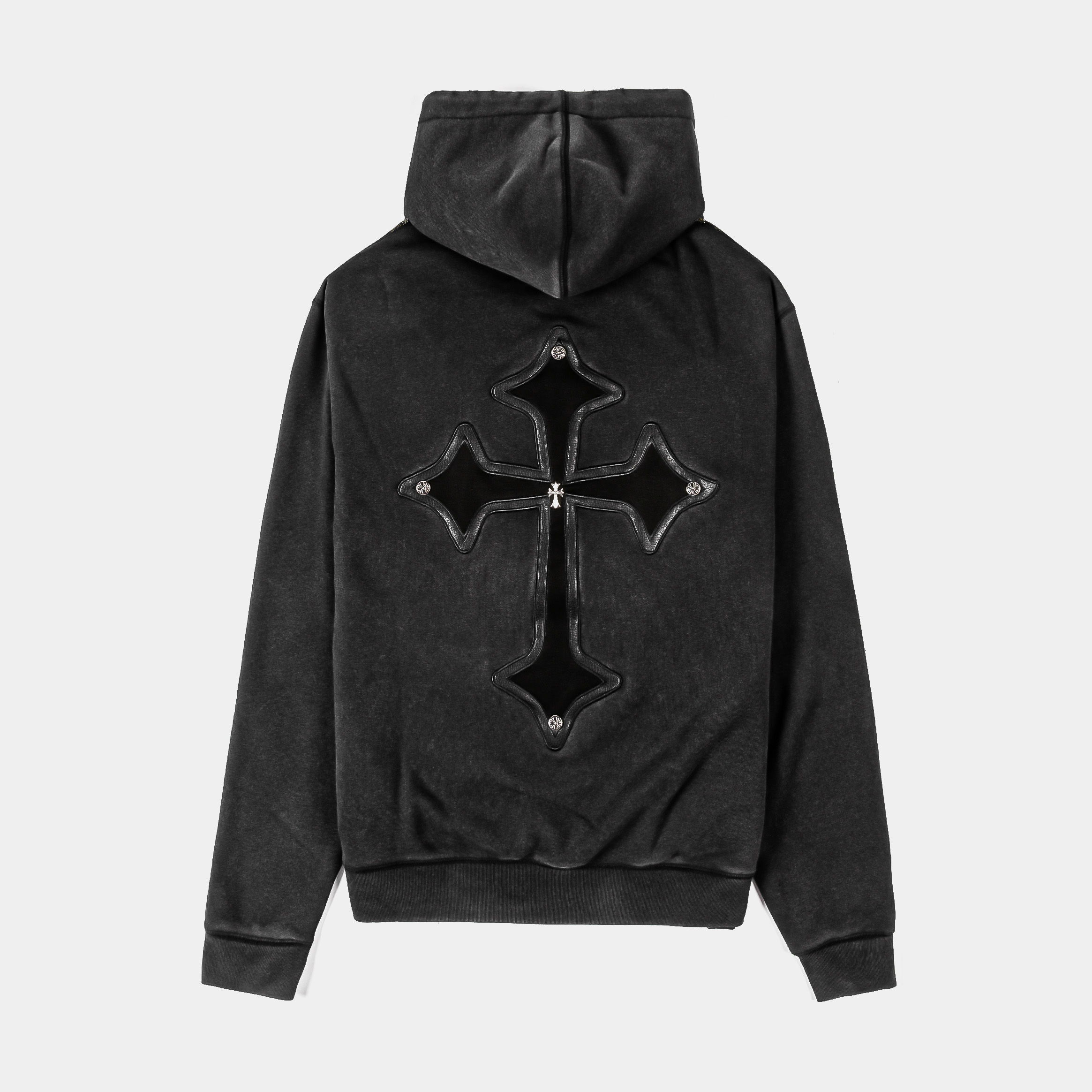 Black hoodie with silver cross designs on the front.