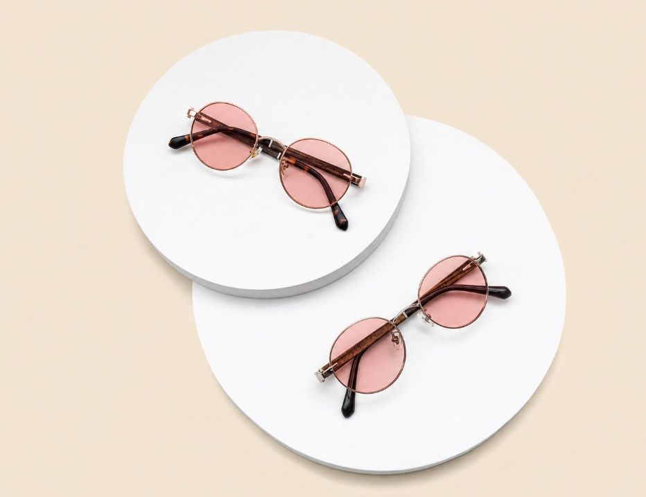 Flatlay of 2 round metal glasses with fl41 lenses