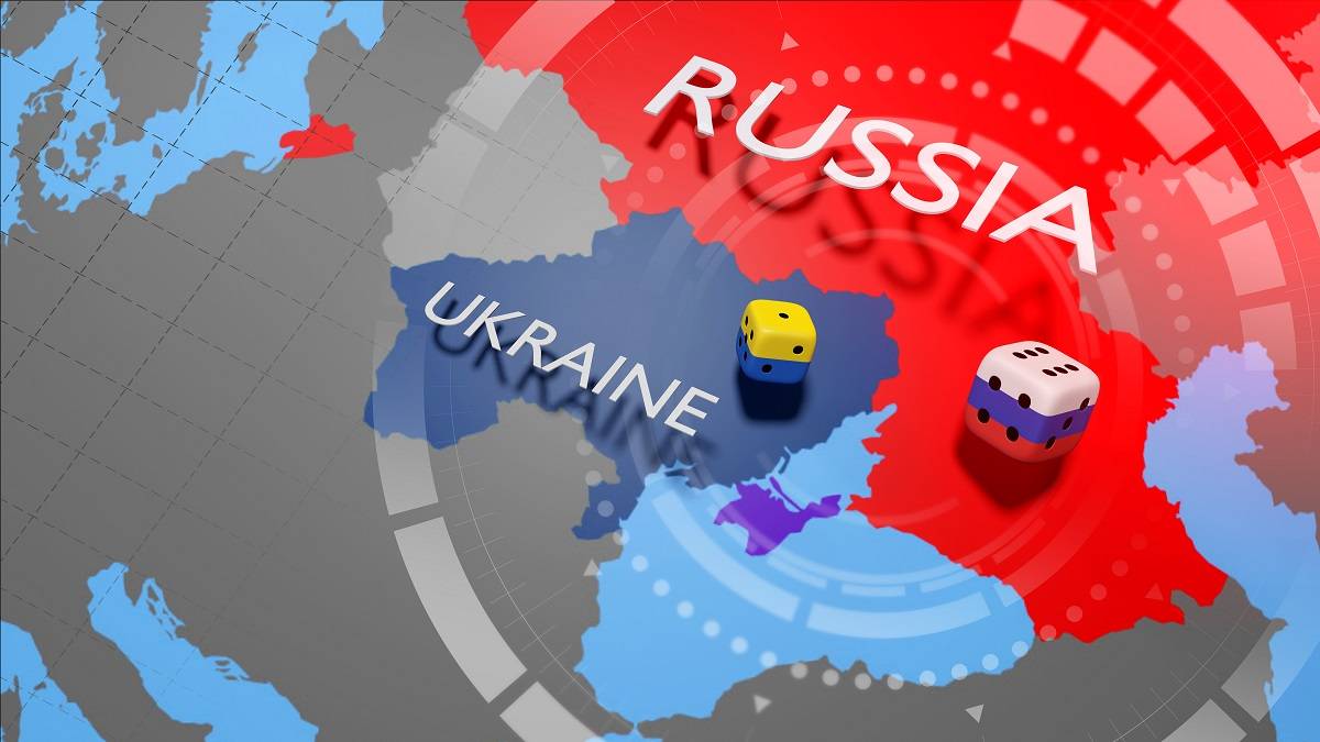 Russia Ukraine maps with rolled dice