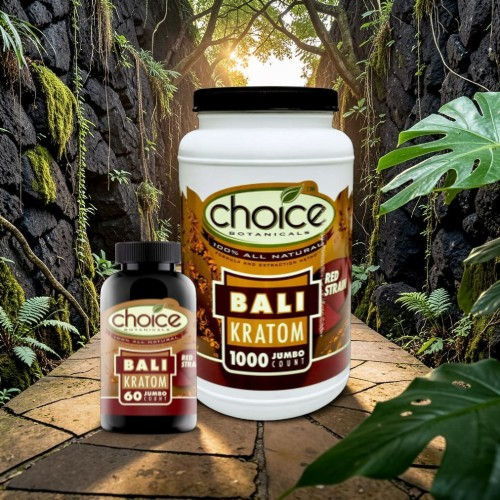 Two kratom products on a tropical pathway background.