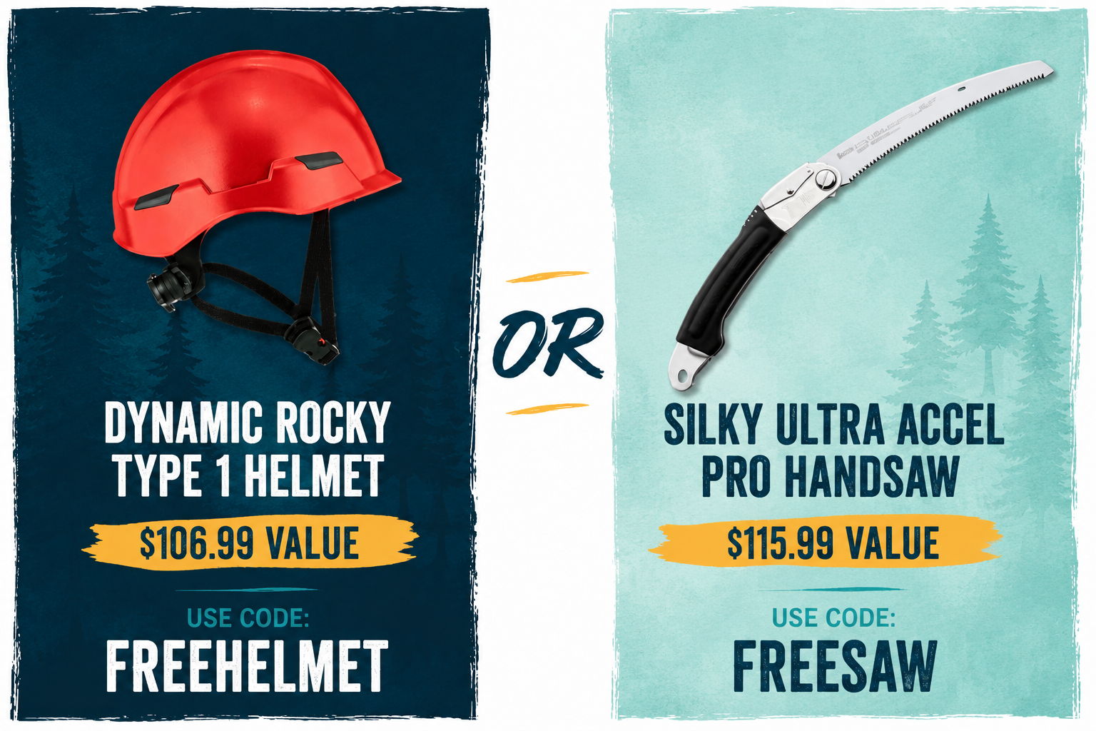 Promotional image for a helmet or saw with discount codes.