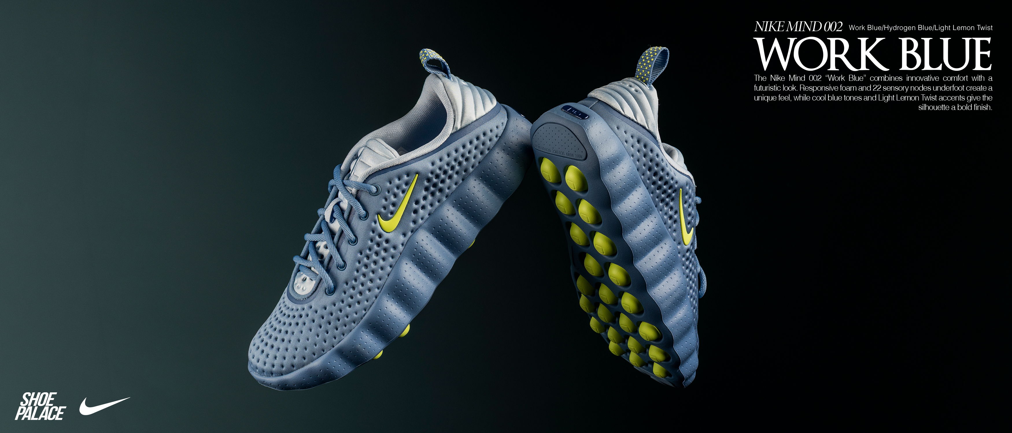 Nike shoes in blue and yellow, displayed from multiple angles.