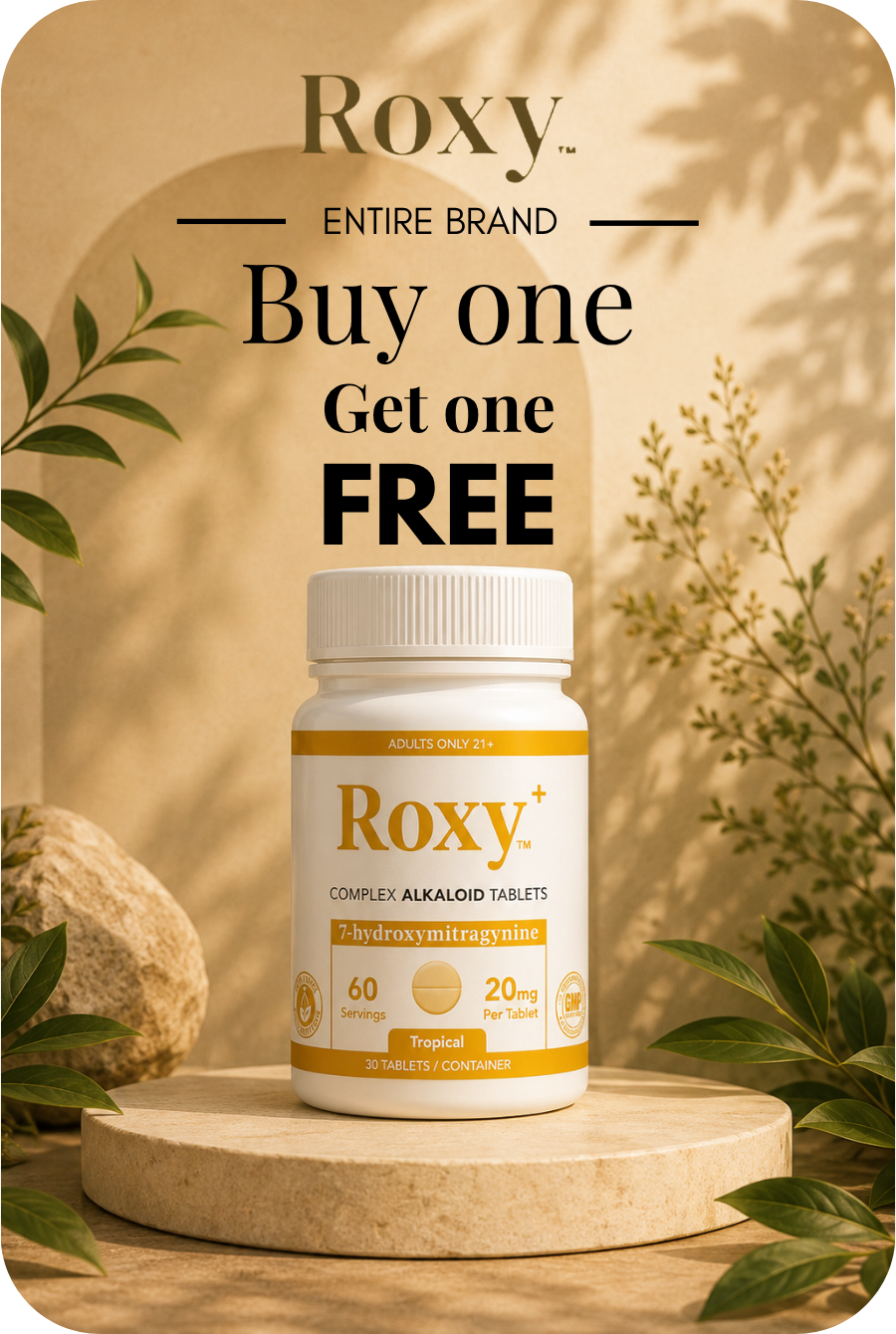 Roxy supplement bottle with promotional text: 