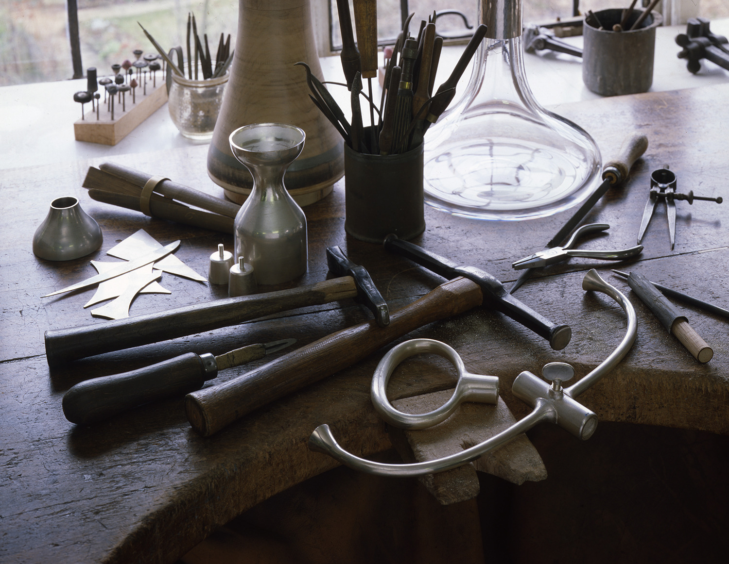 Robert Welch's silversmithing workbench, photographed in the 1970s