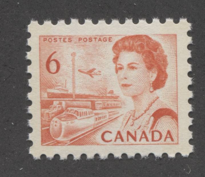 The 6c orange transportation stamp from the 1967-1973 Centennial Issue of Canada