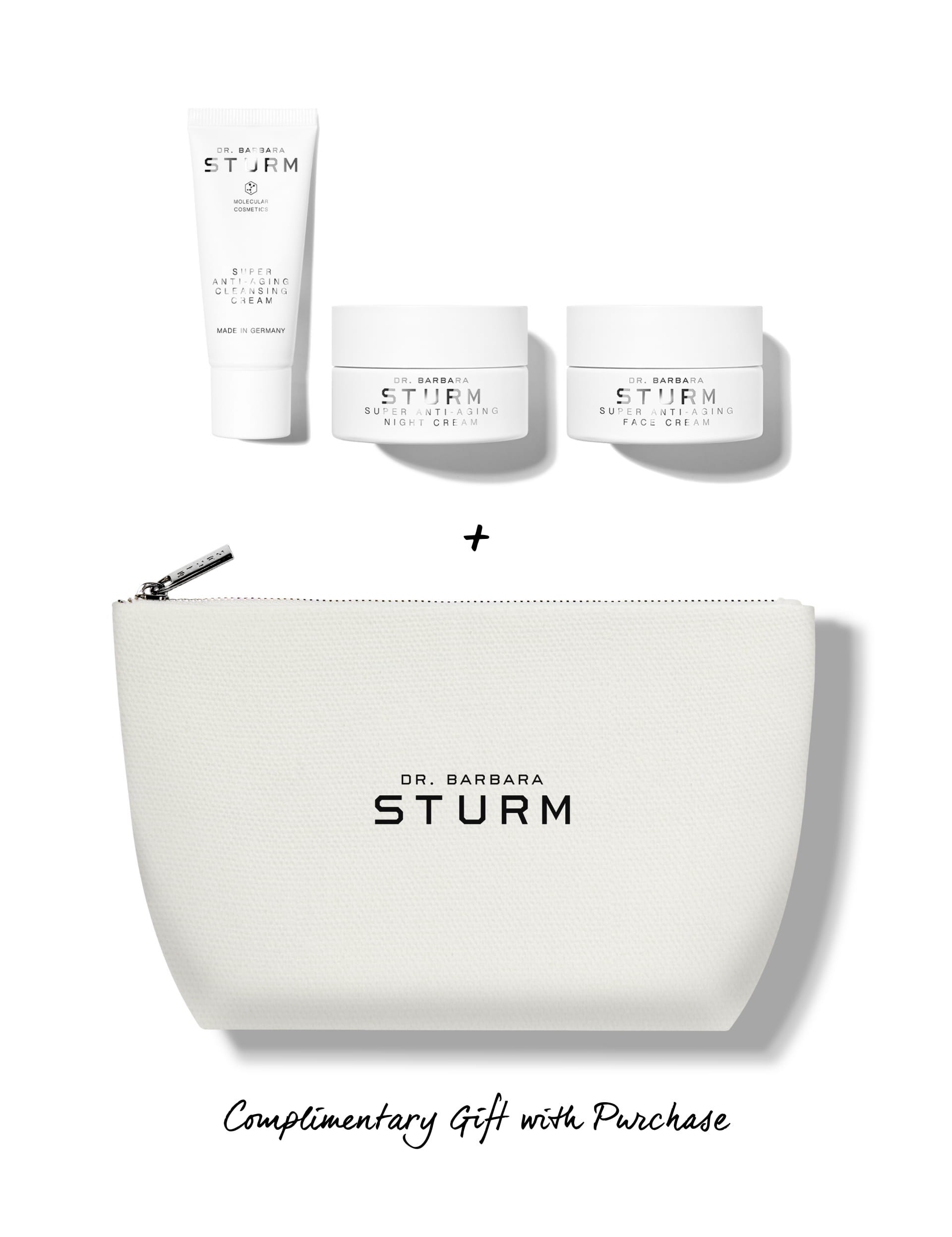 Dr. Barbara Sturm skincare products with complimentary gift pouch.