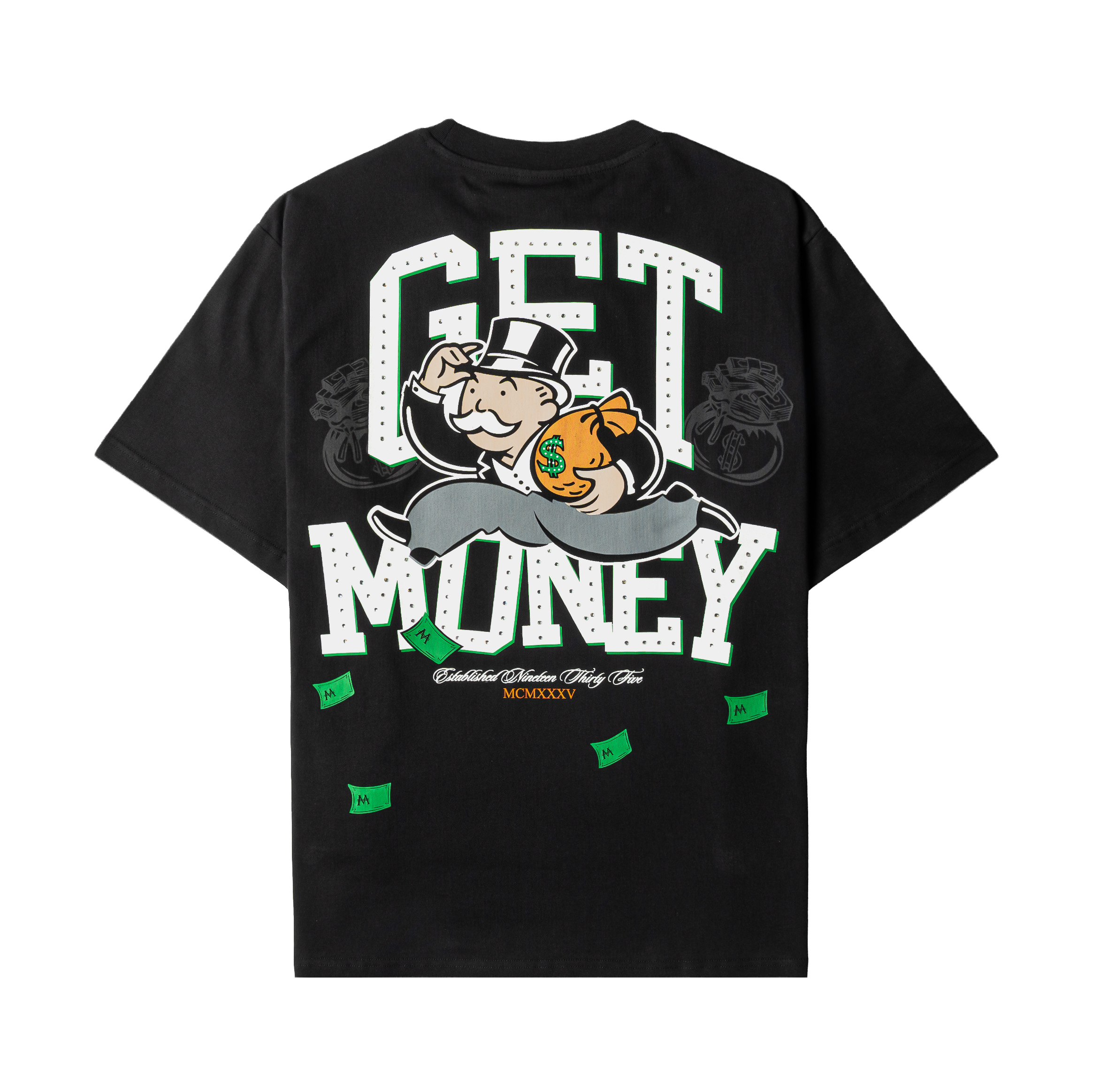 Black t-shirt with green graphics, including money symbols and text.