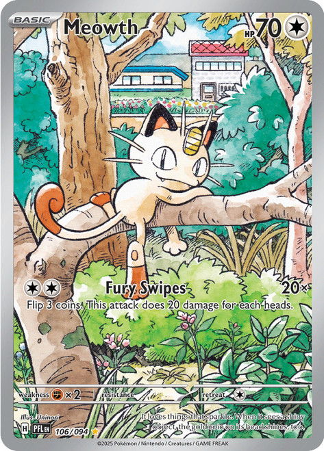 Meowth sitting on a tree branch in a colorful landscape.