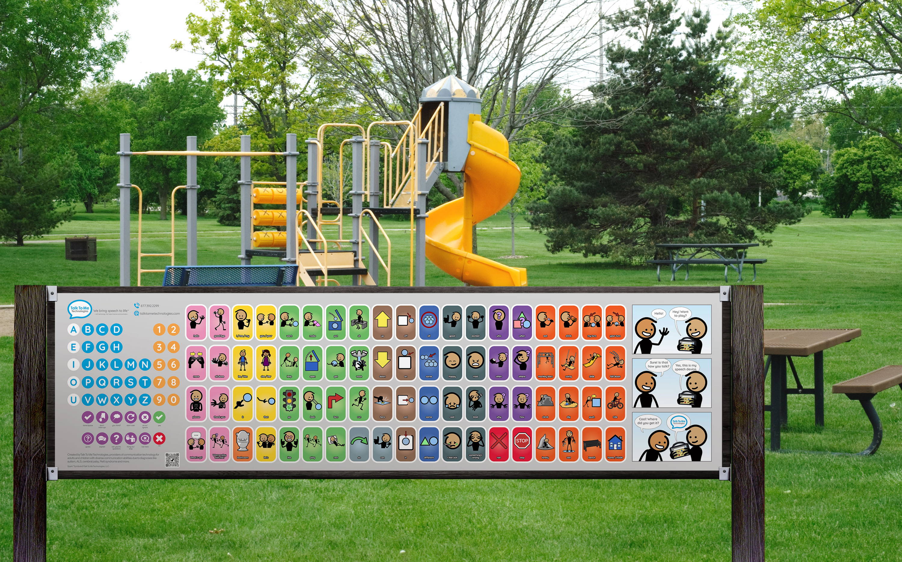 Post mount communication board at a playground