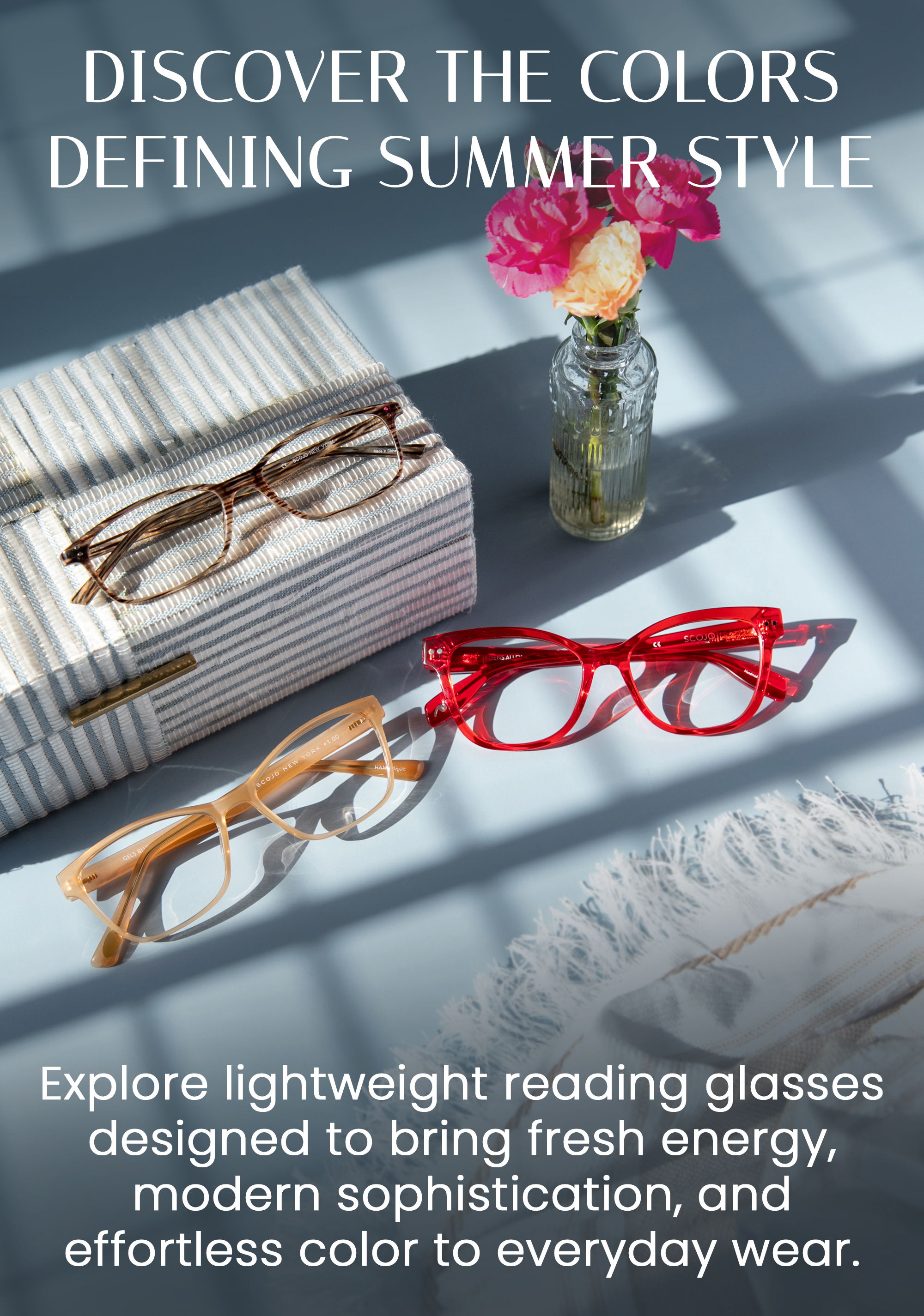 Reading glasses in various colors with flowers and books.