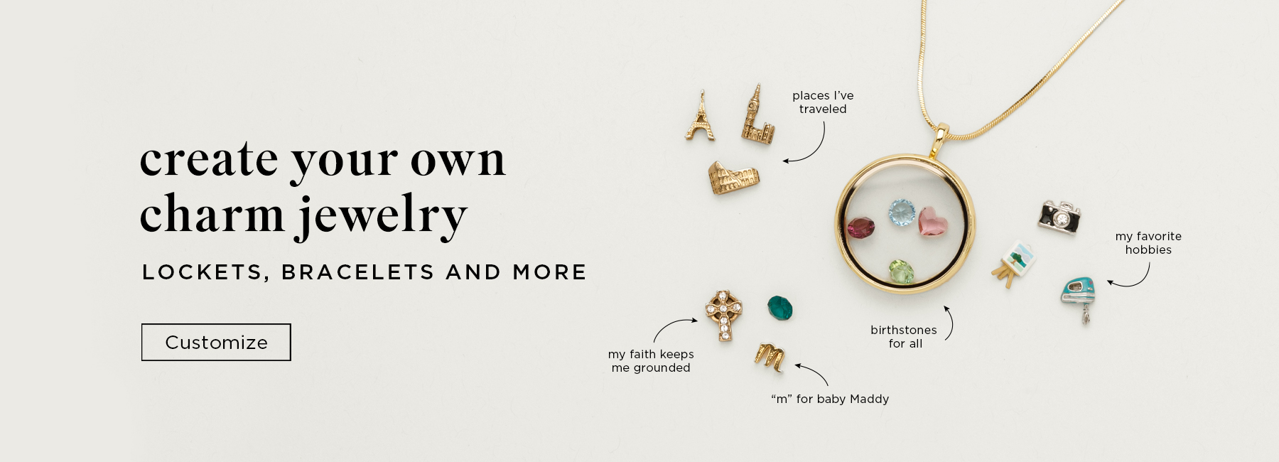 Gold locket with birthstones and charms representing travel, hobbies, and faith for a personalized charm jewelry story