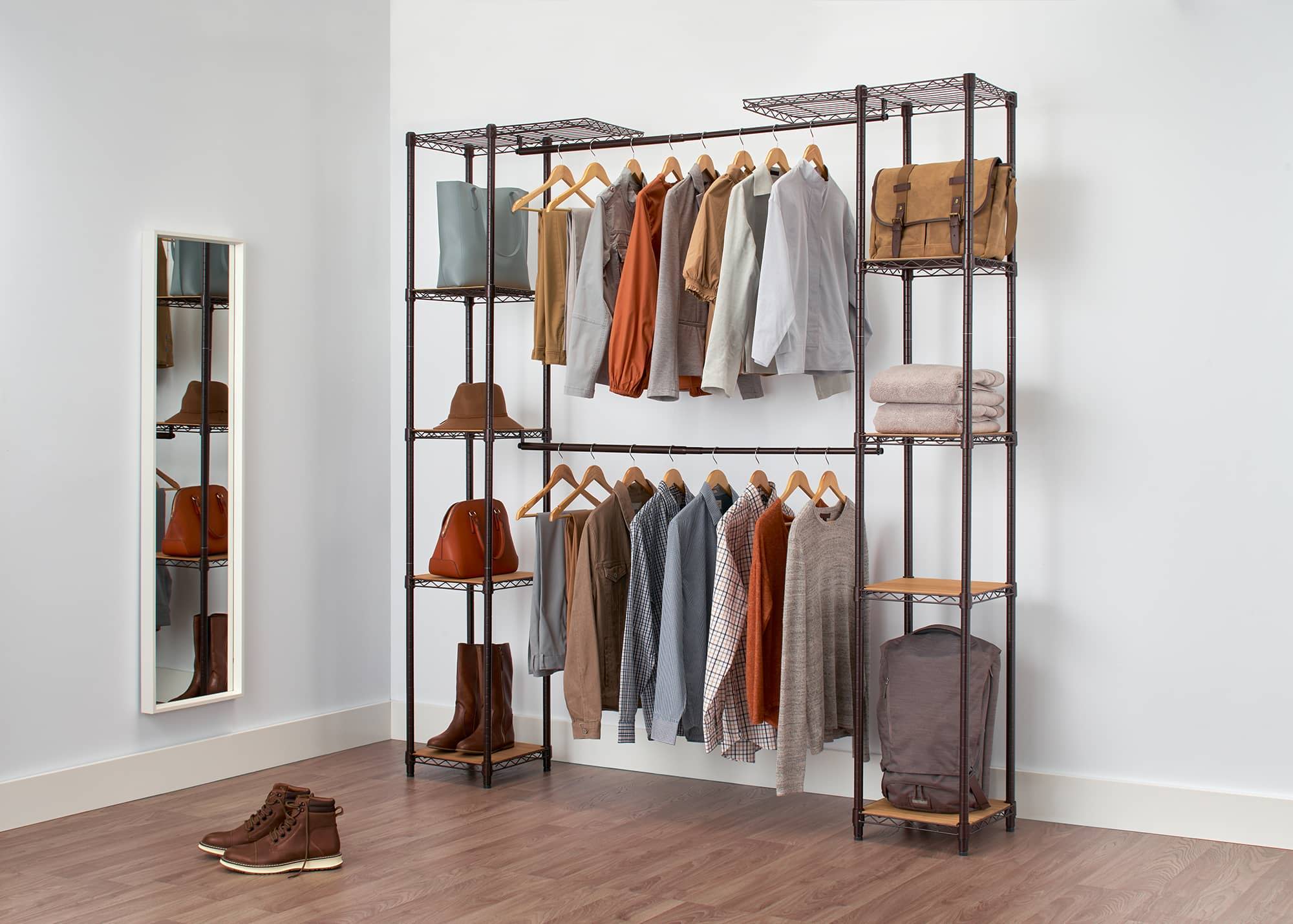 large, expandable closet organizer in a bedroom