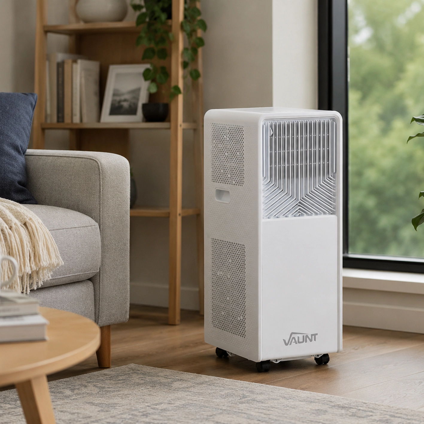 A white air purifier next to a couch in a cozy living room.