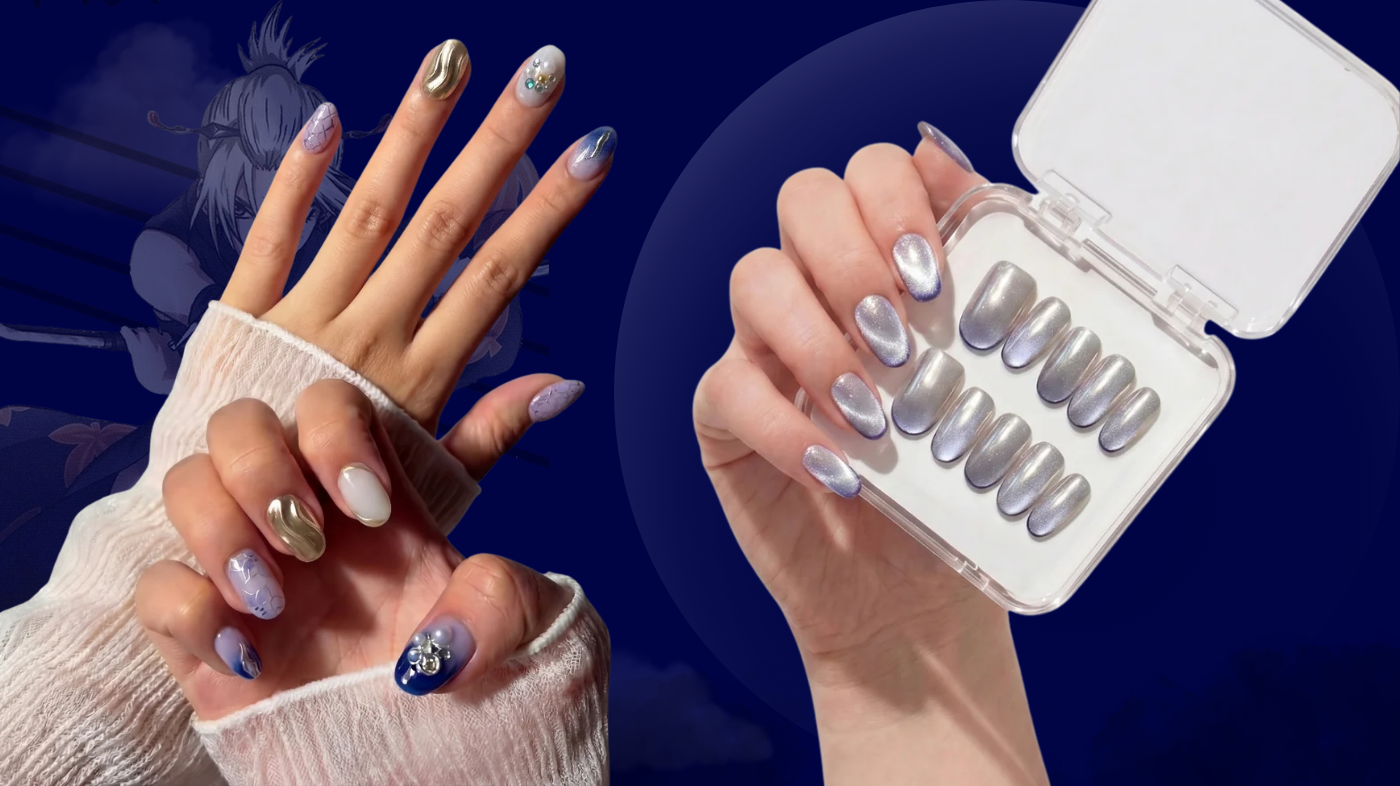 Anime-inspired nail look using EyeCandys De-Nile and Lavendroid press-on nails for Tsukuyo cosplay