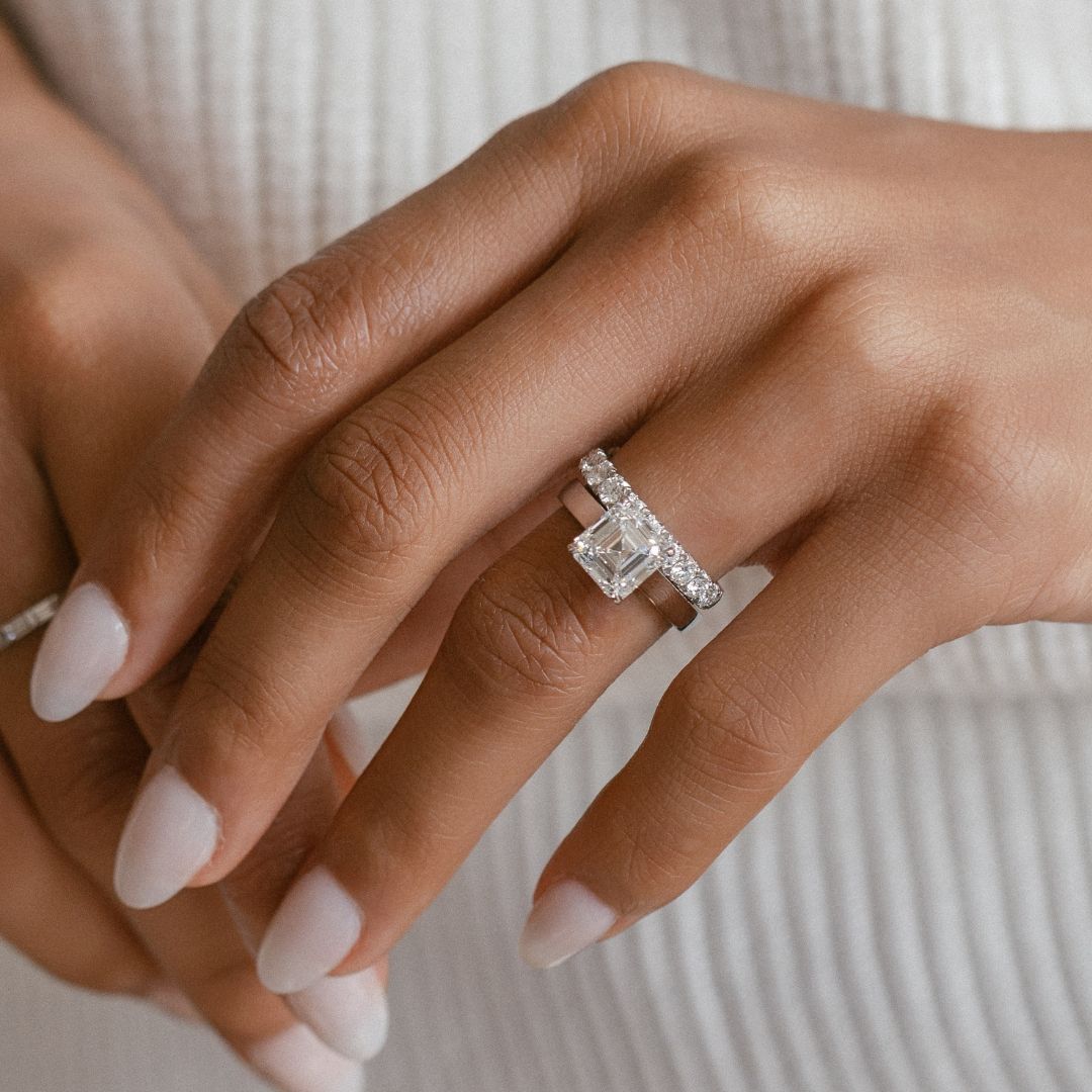 Wide Cathedral Asscher Cut Ring With Wide Diamond Band