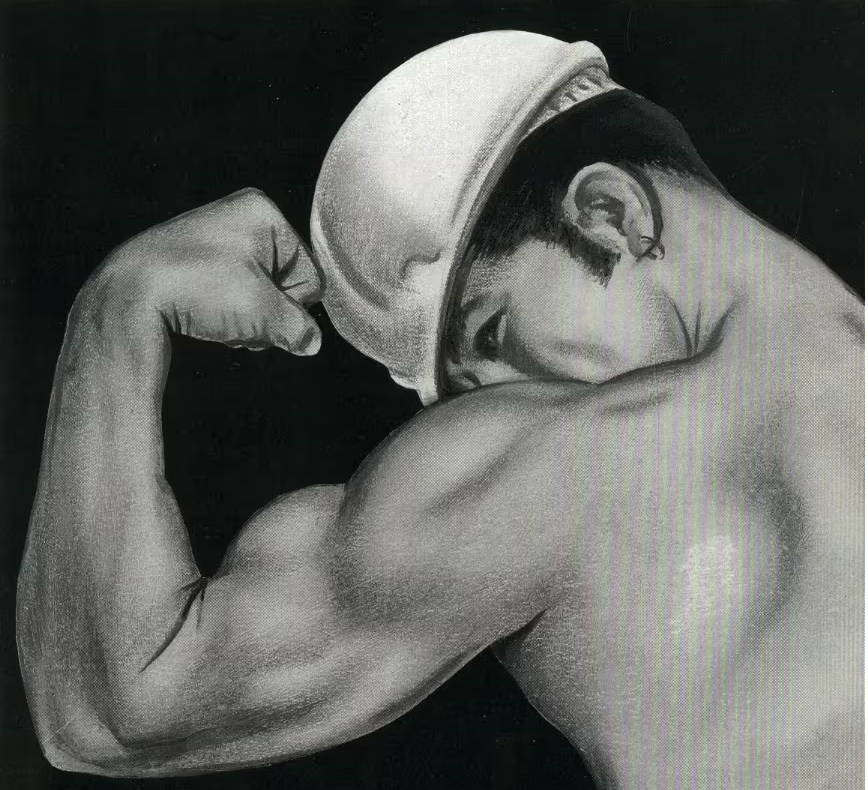 Black and white drawing of a man tensing his muscle