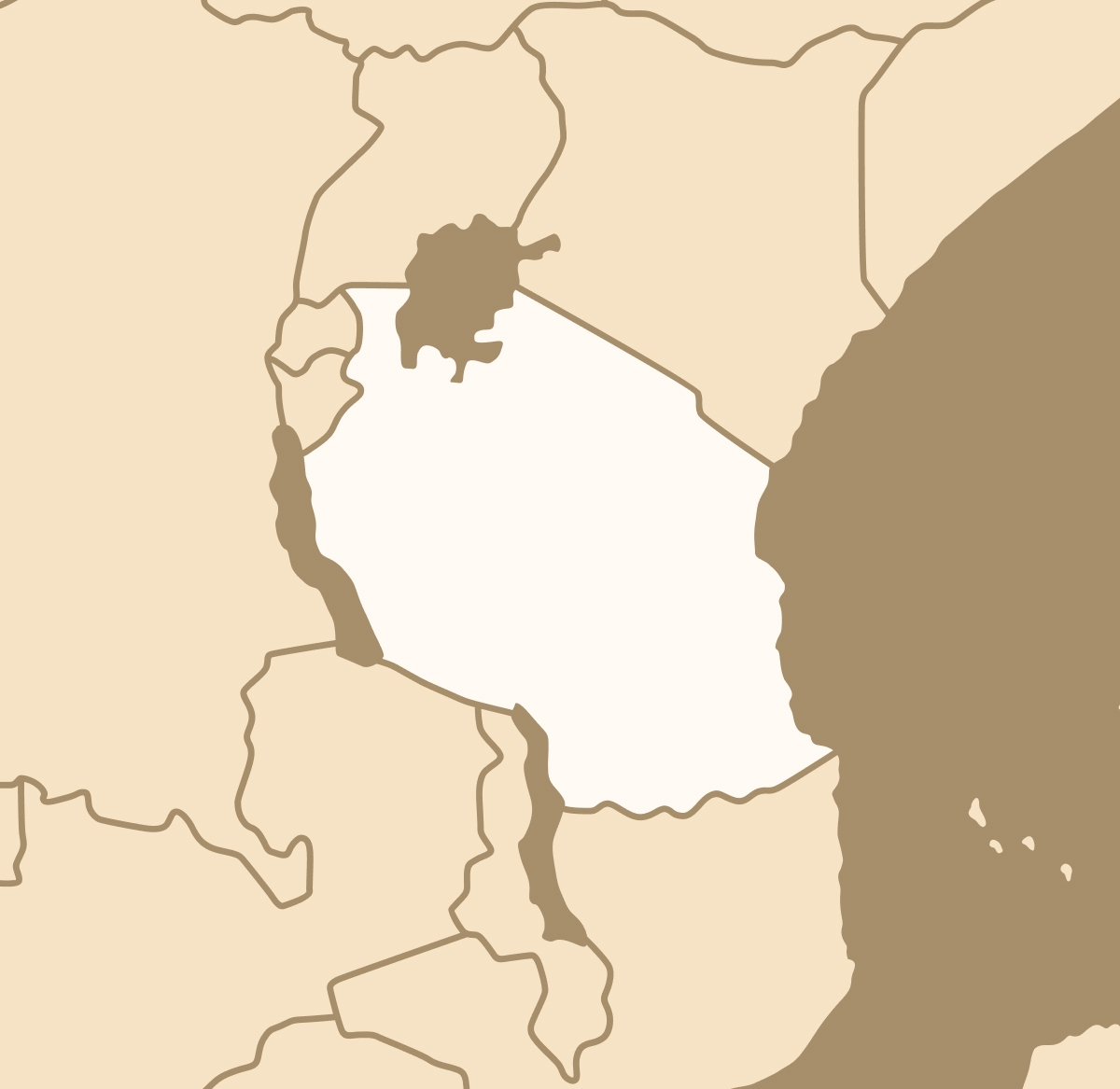 Map highlighting Tanzania in white against a beige background.