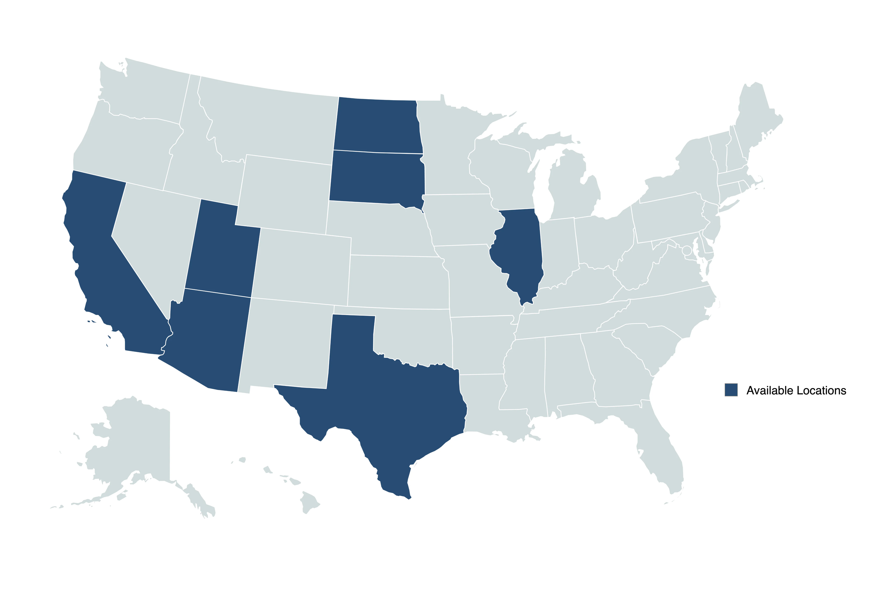 Map of the United States showing some states in dark blue.