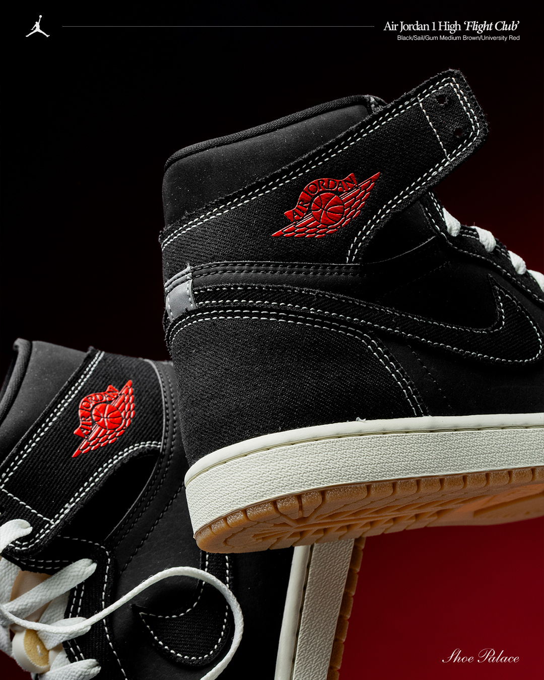 Black and red Air Jordan 1 High sneakers on a gradient background.