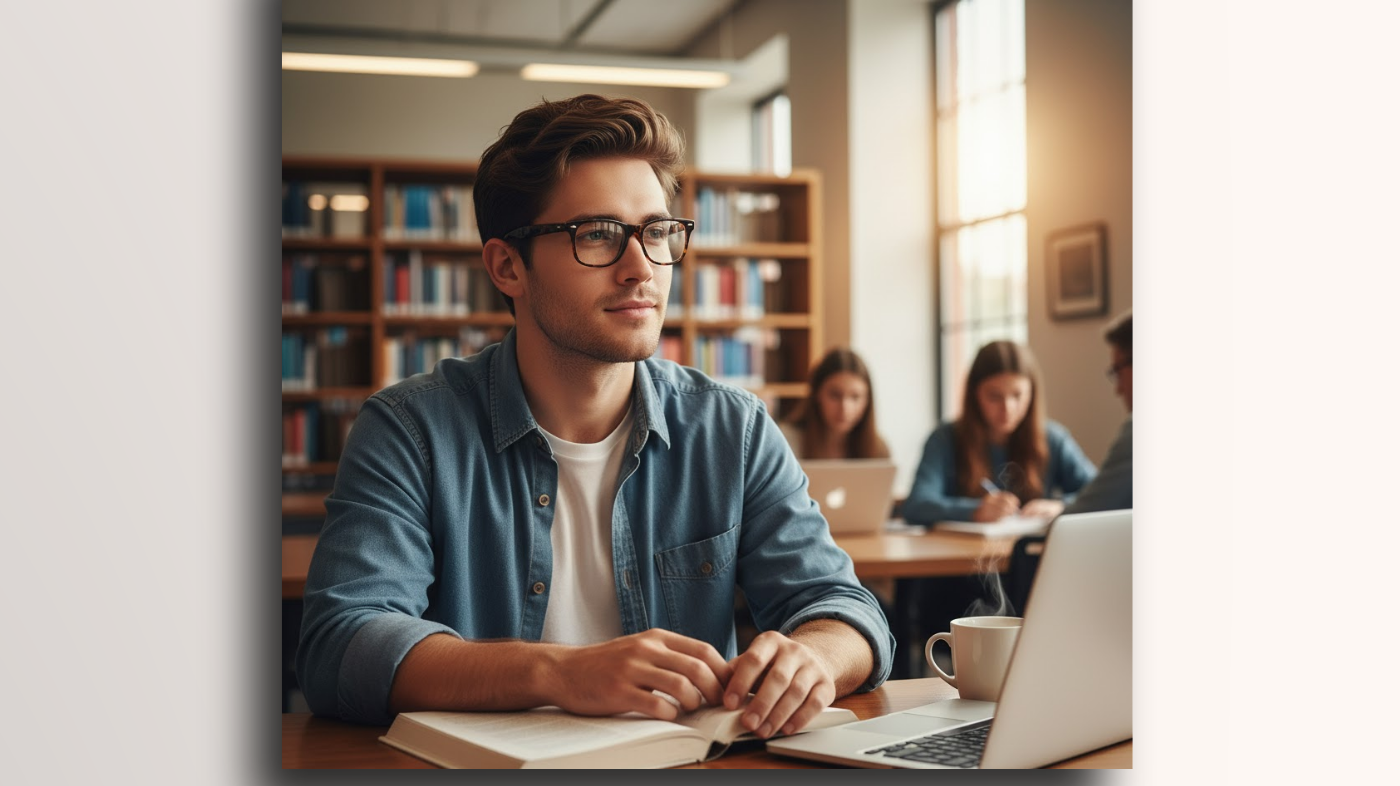 Man in library wearing prescription reading glasses with blue-light blocking lenses