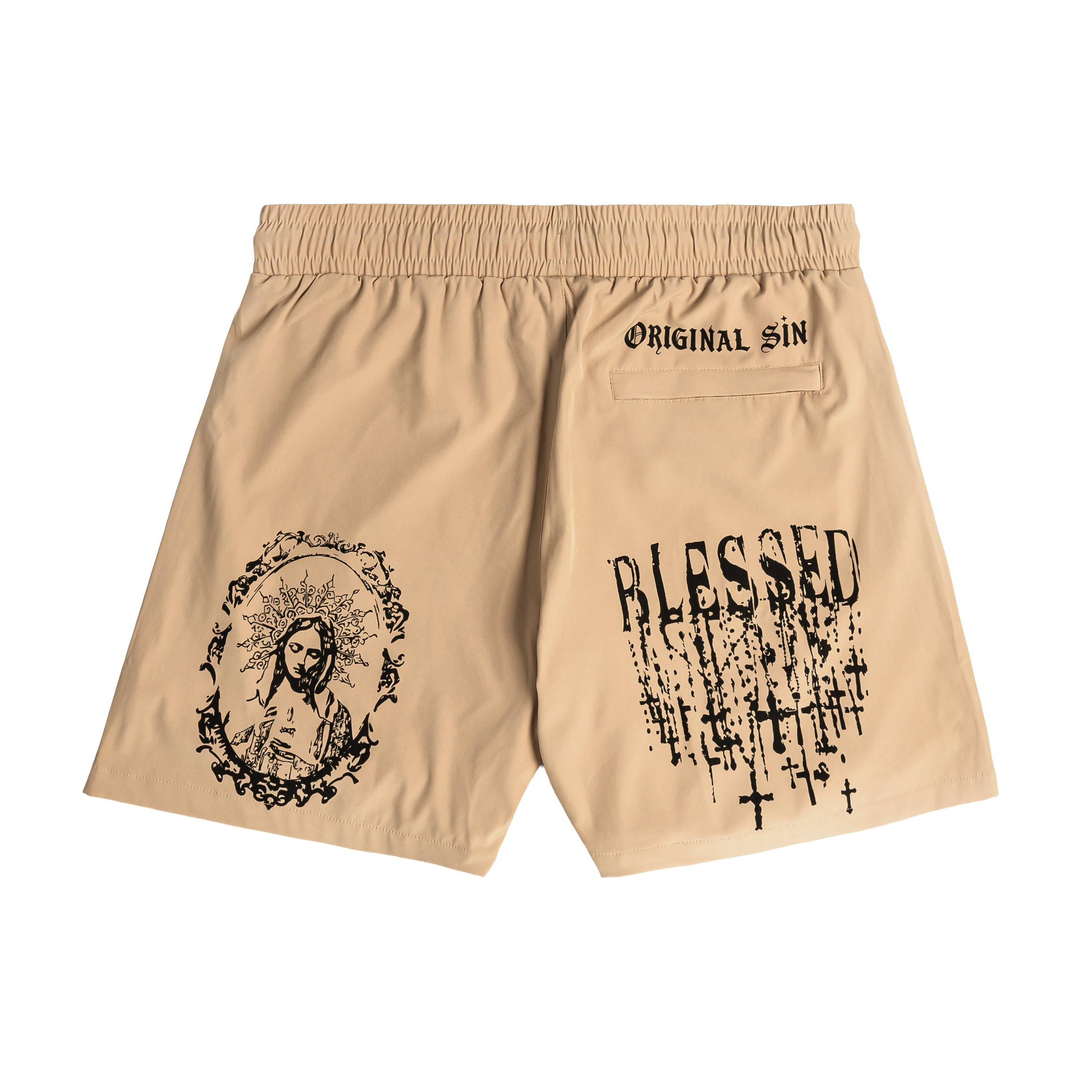 Beige swim shorts with various black graphic designs and cross patterns.
