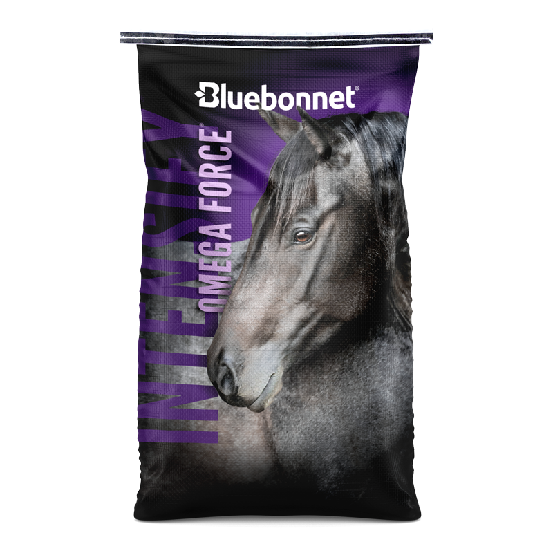 Bag of Bluebonnet Omega Force horse feed with horse image.