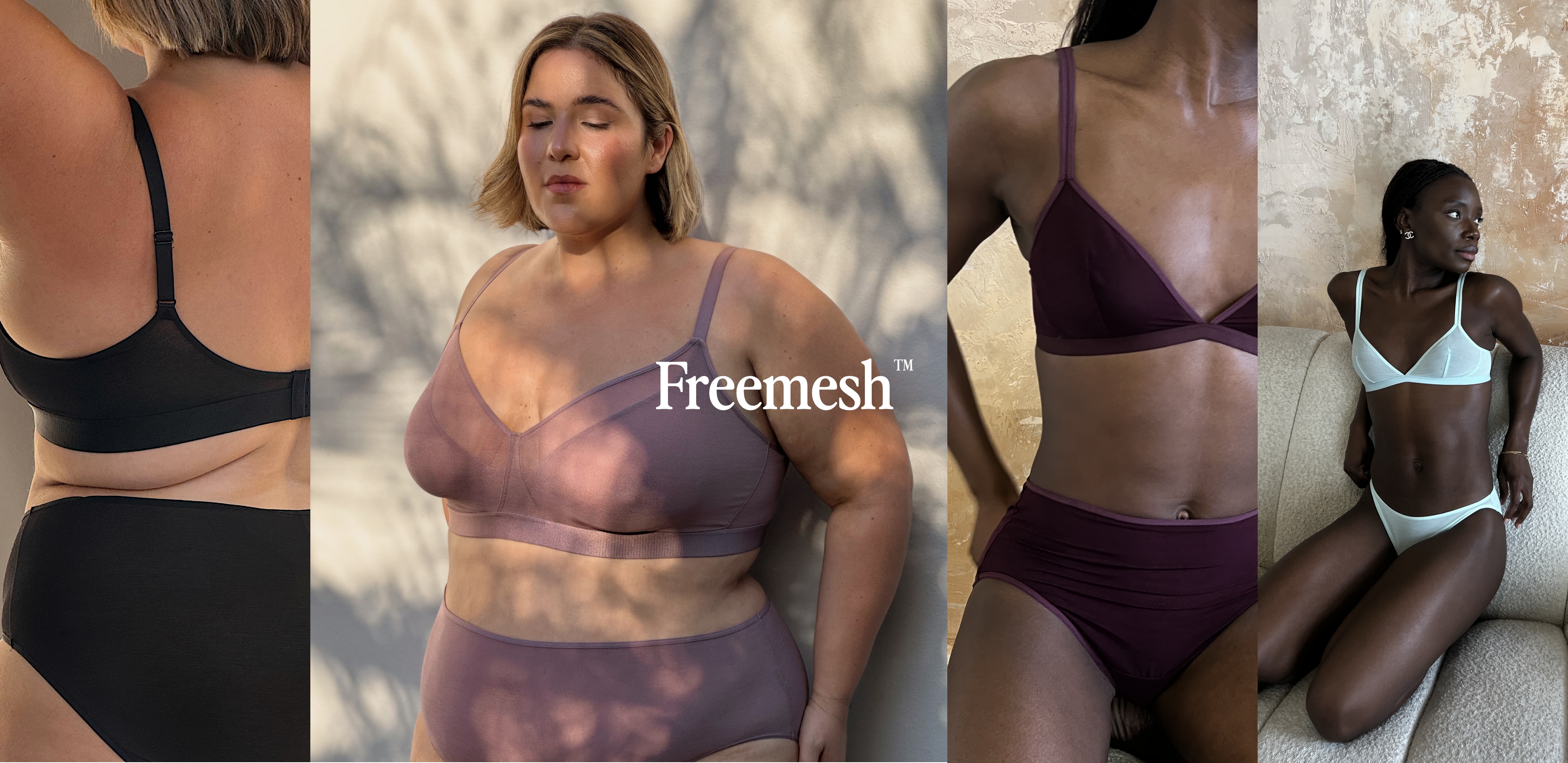 Models in diverse lingerie styles against neutral backgrounds.