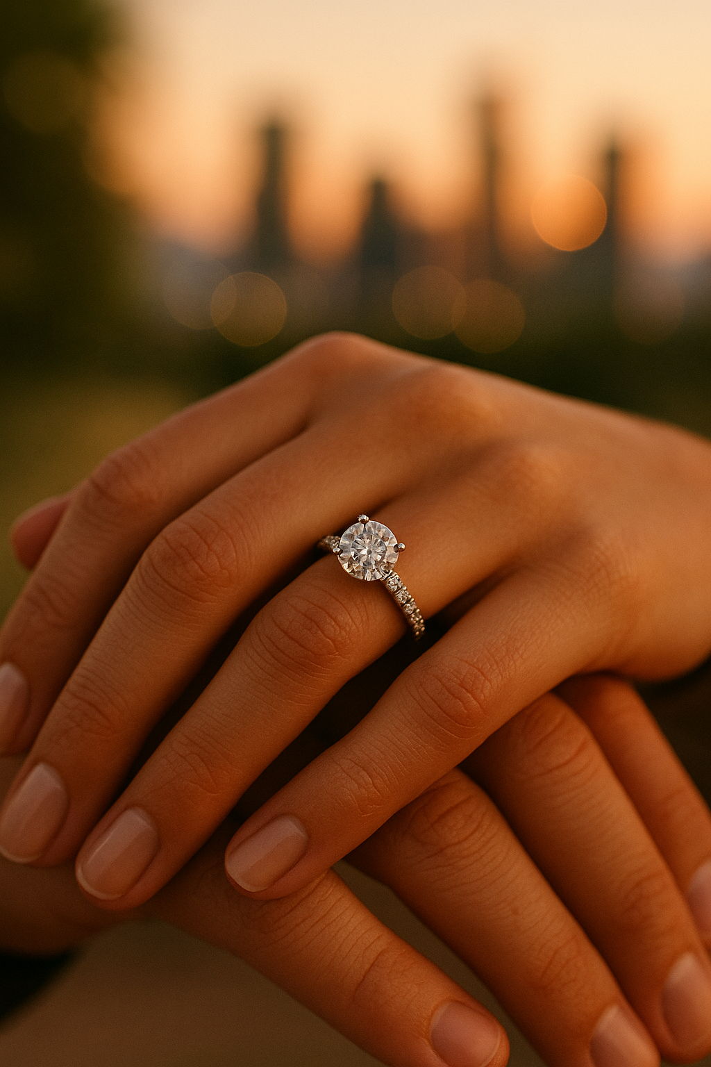 Close-up of an engagement ring on a woman’s hand with blurred city skyline in the background.