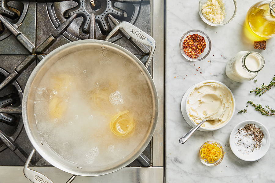 Pasta cooking in water.