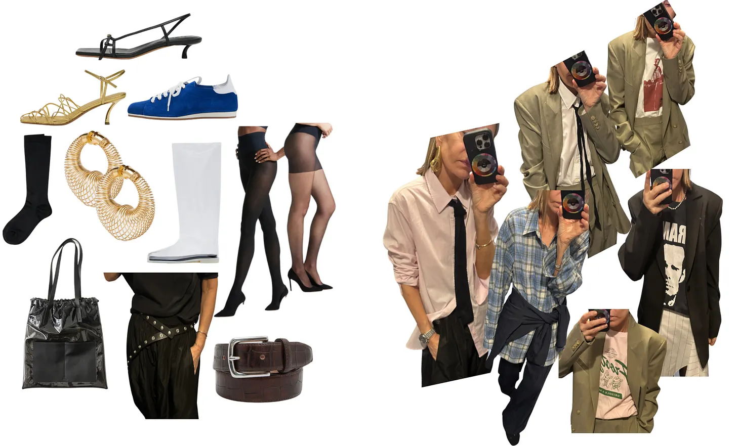 Fashion items and people posing in various outfits and accessories.
