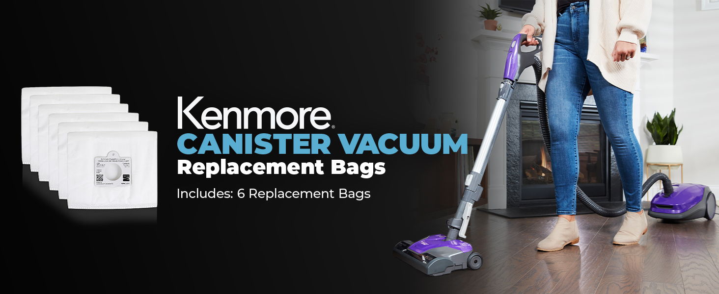 Kenmore canister vacuum replacement bags on a floor with a vacuum cleaner.