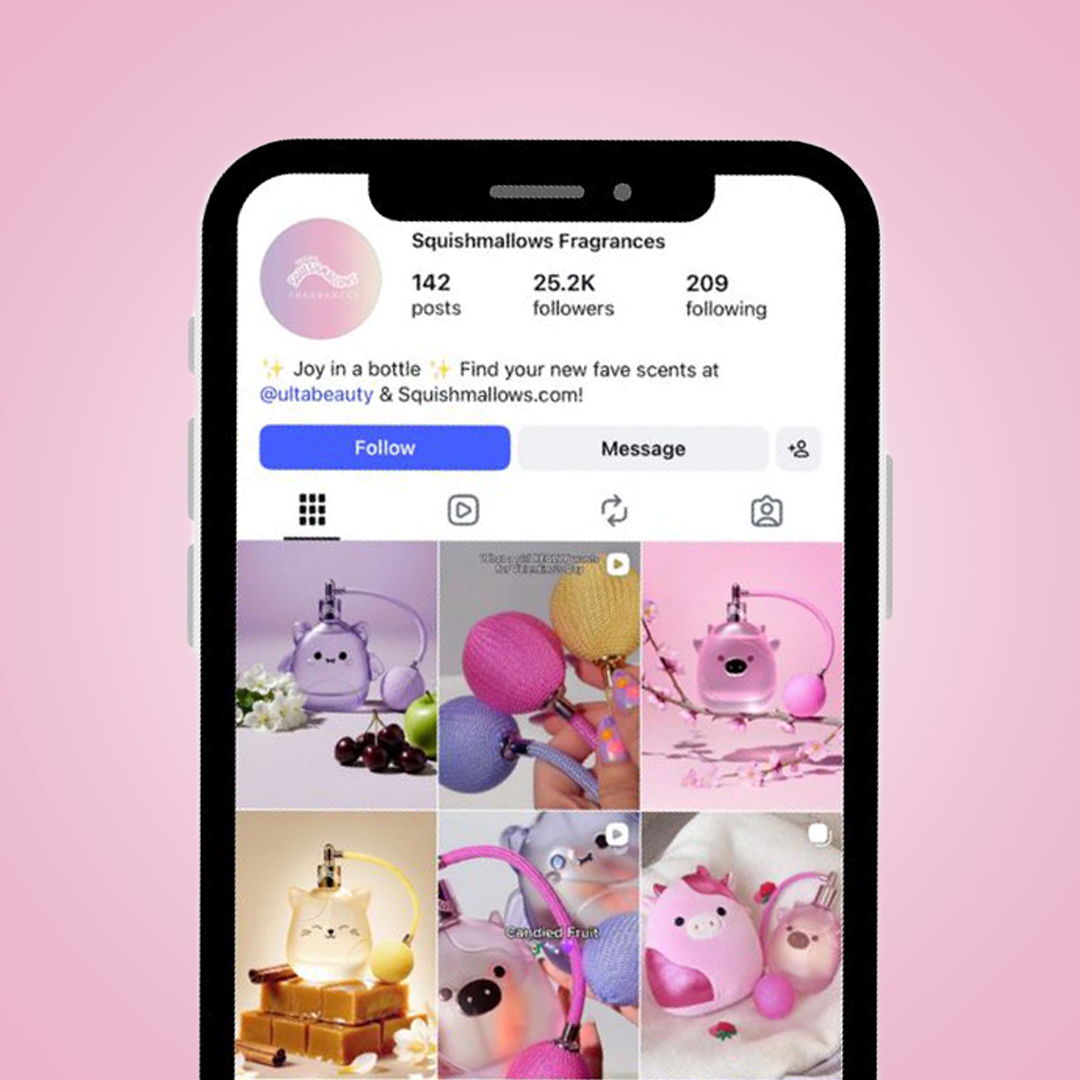 Instagram profile of Squishmallow Fragrances on a pink background.