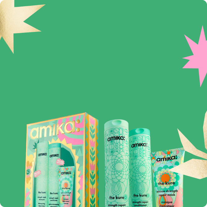 Amika hair care products displayed against a bright green background with decorative elements.