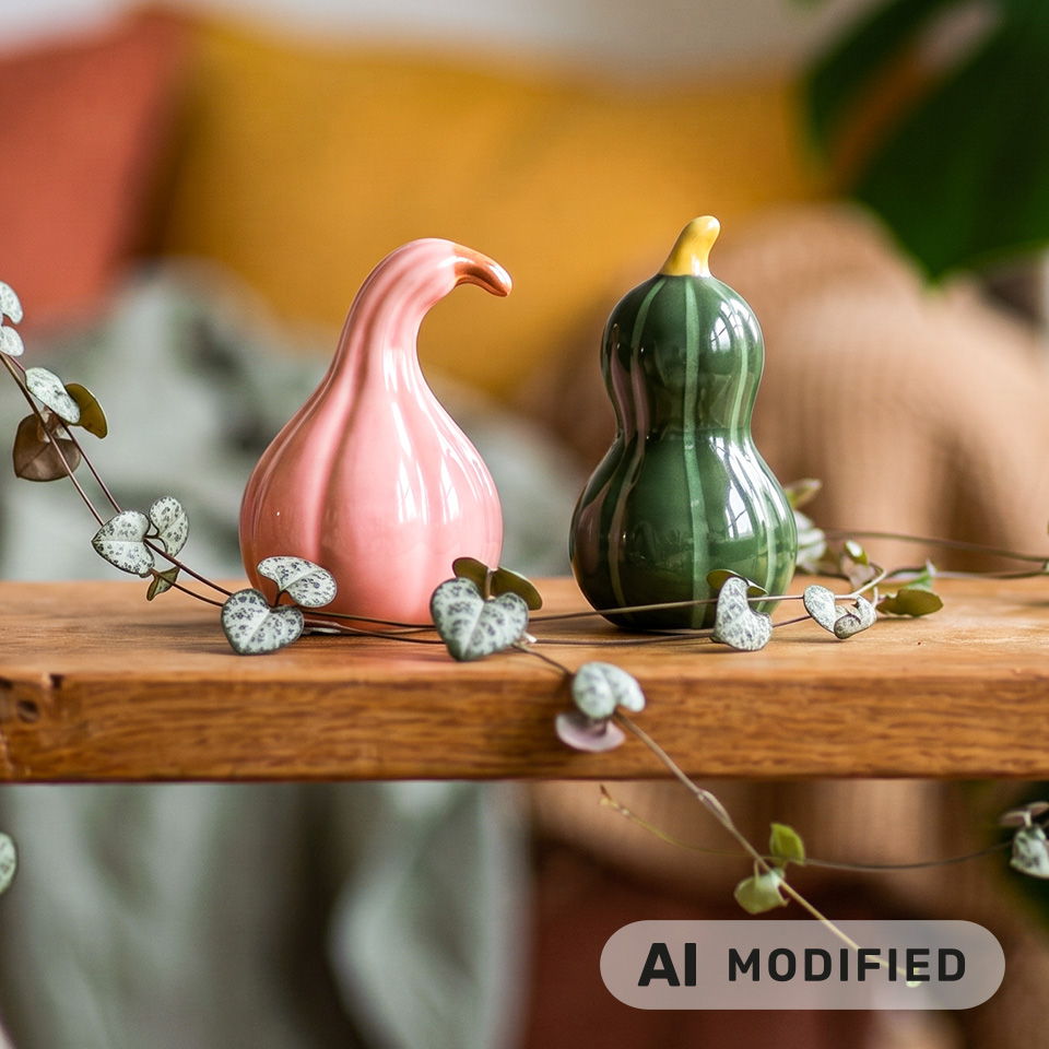 Deux courges décoratives, l’une rose et l’autre verte, sur une surface en bois.