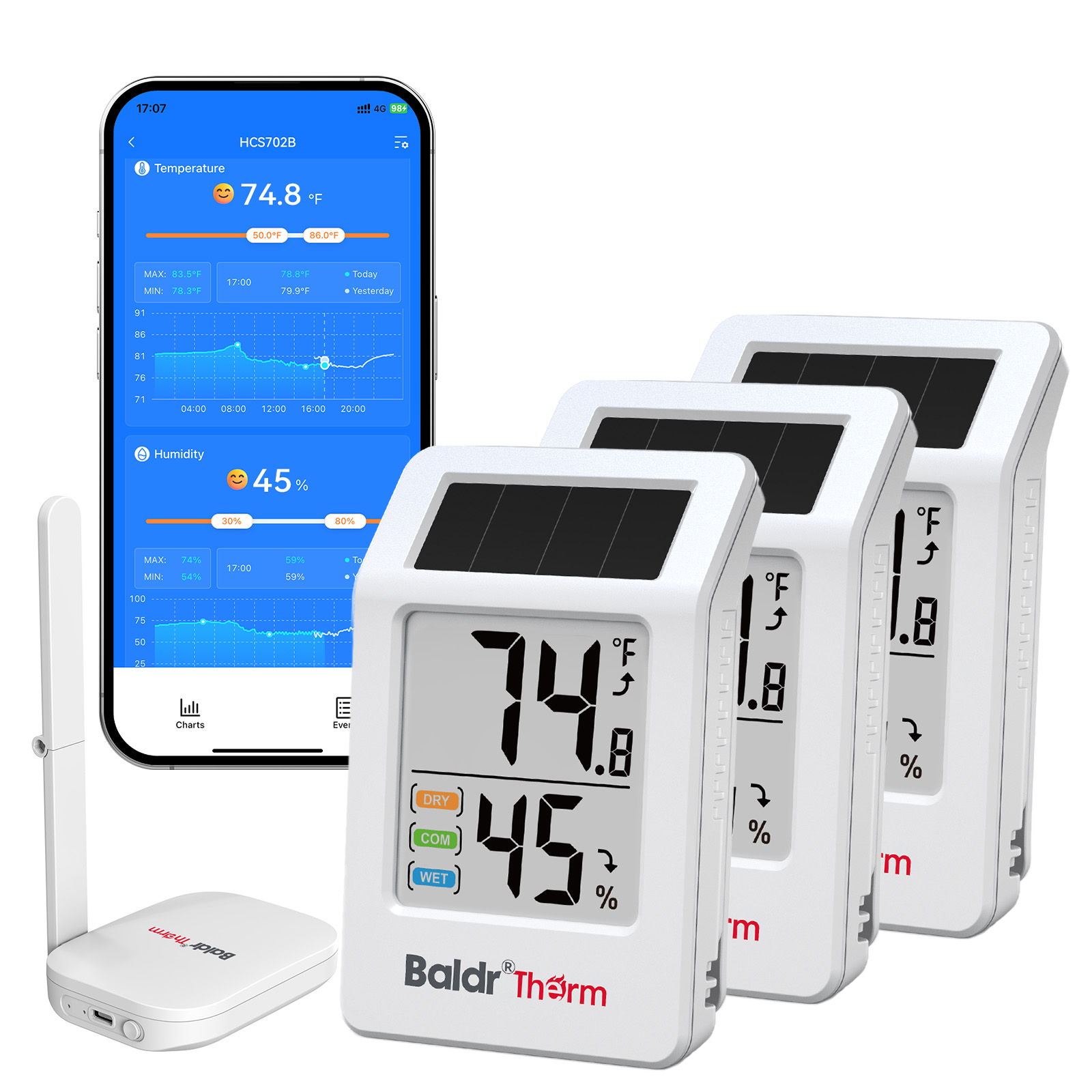 A set of temperature and humidity sensors with a smartphone display.