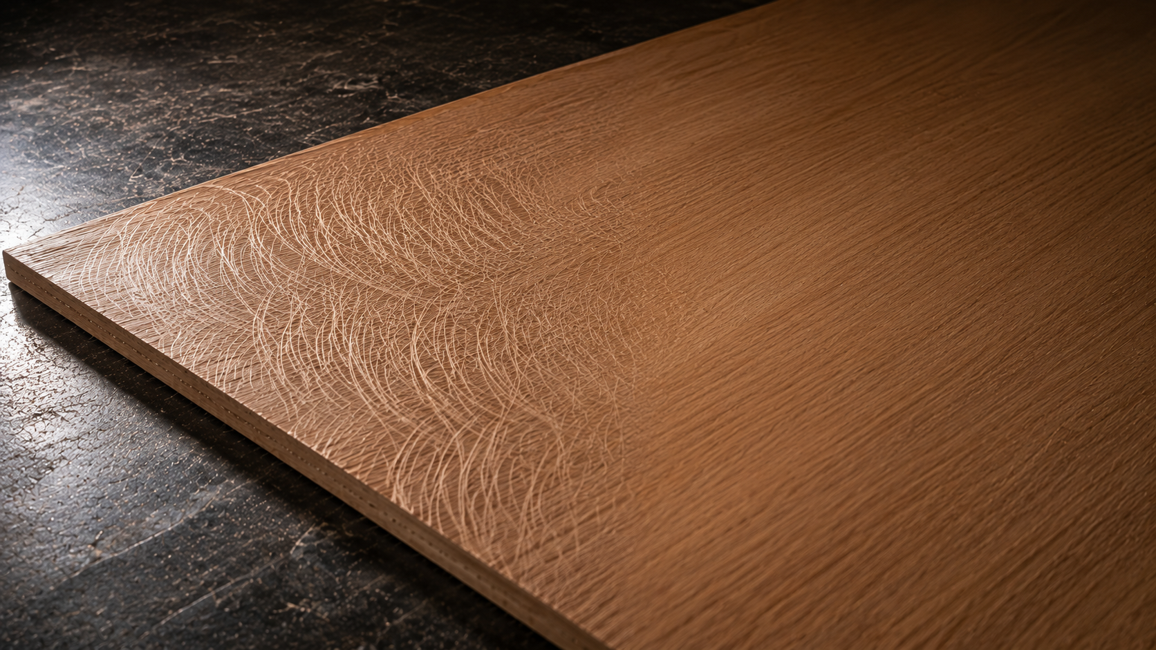 Wood panel under raking light showing spiral scratches on left half transitioning to smooth scratch-free surface on right half