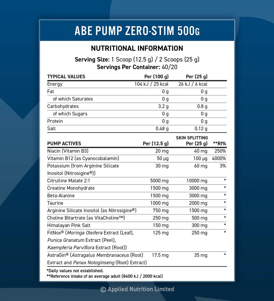 Nutritional information for ABE Pump Zero-Stim 500g supplement.