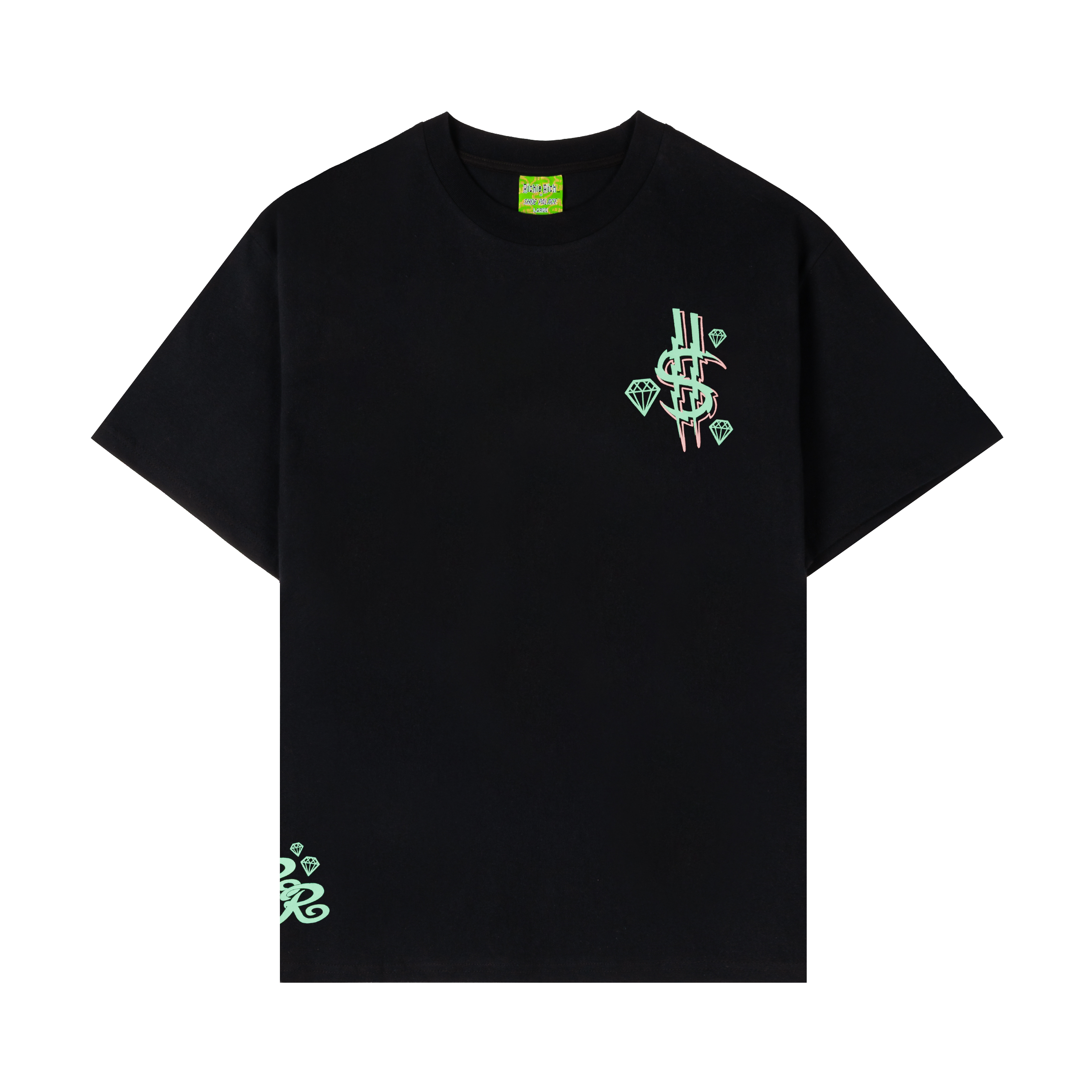 Black t-shirt with green dollar sign and decorative elements.