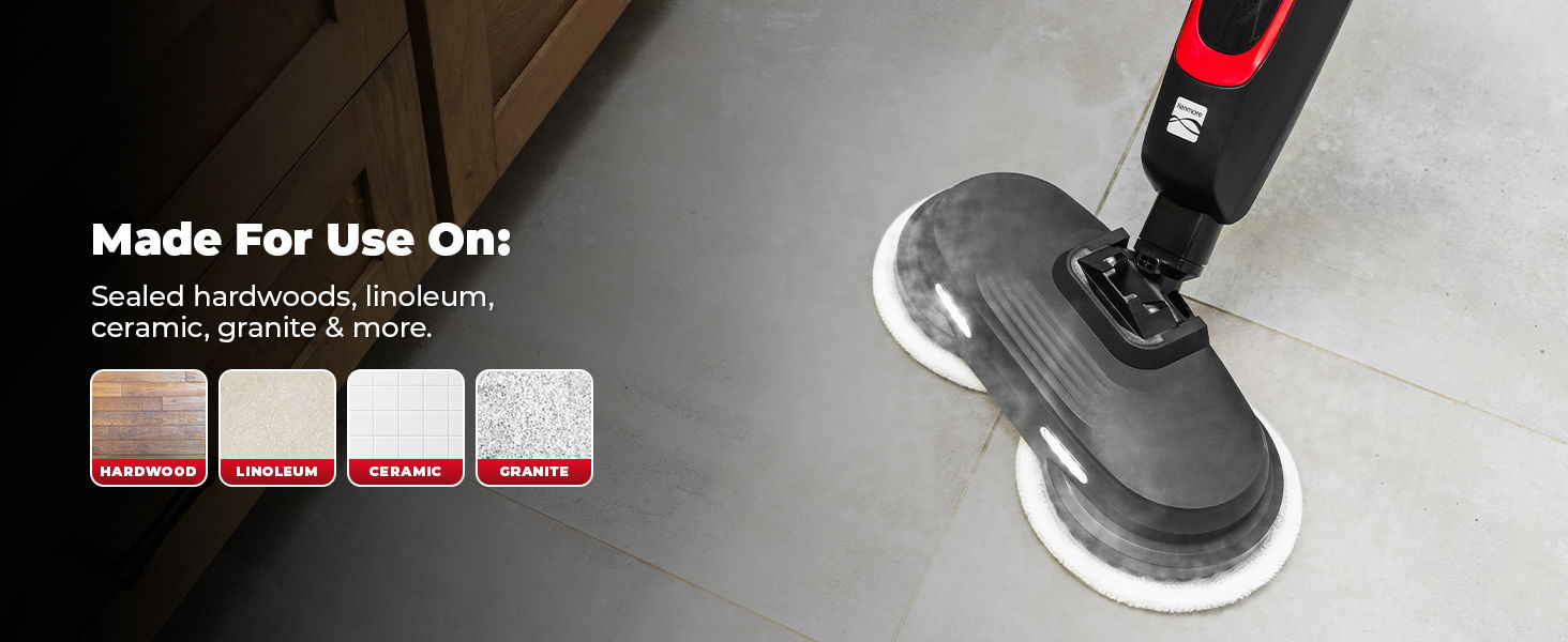 Close-up of steam cleaner on tiled floor. Made for use on hardwood, linoleum, ceramic, and granite.