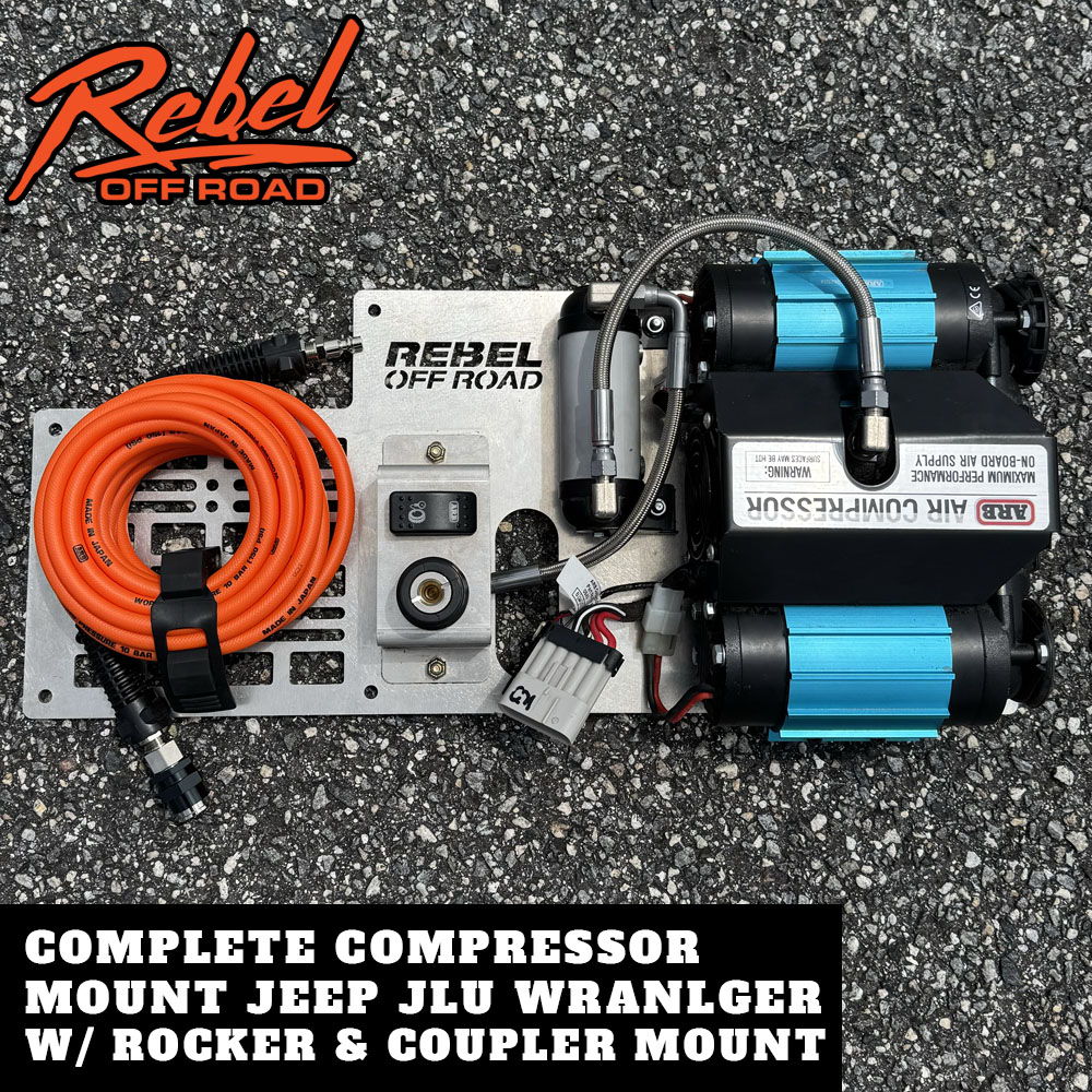 Complete compressor mount for Jeep JLU Wrangler with rocker and coupler mount.