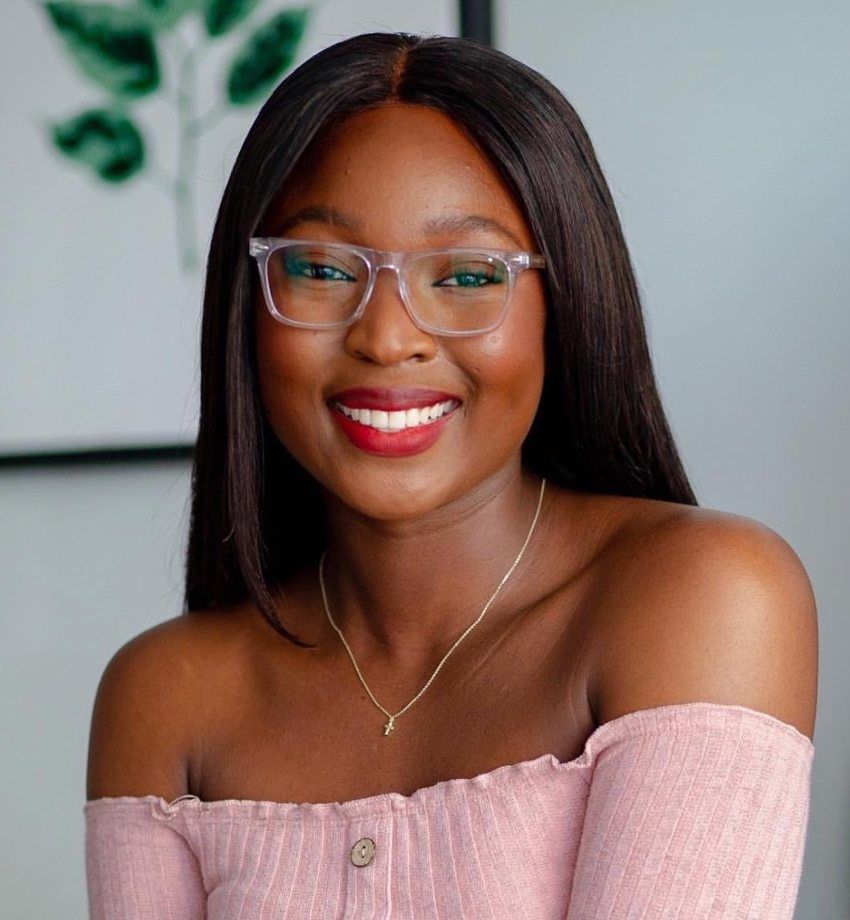 women with low nose bridge wearing Grace Clear glasses