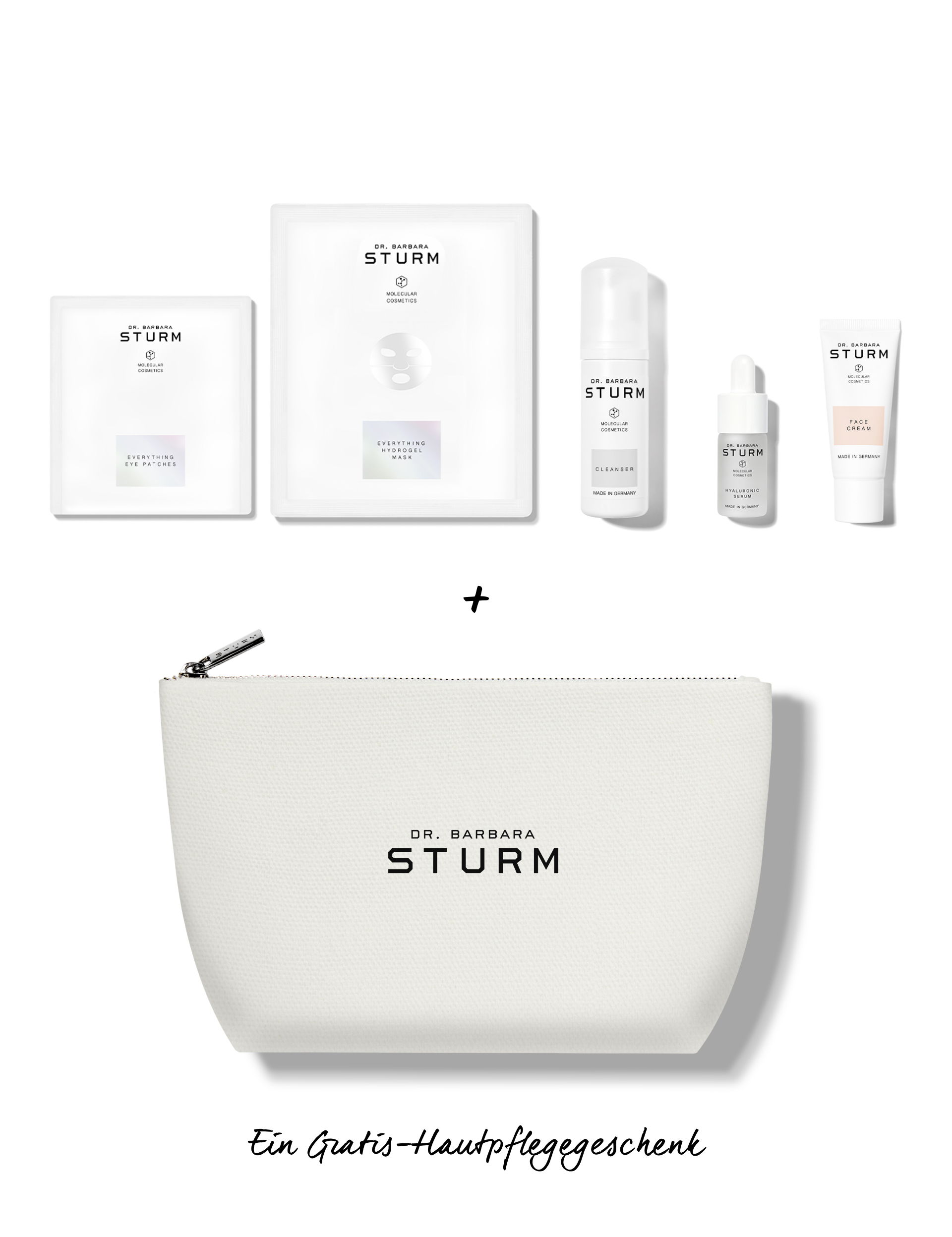 Skincare products and a white pouch with 