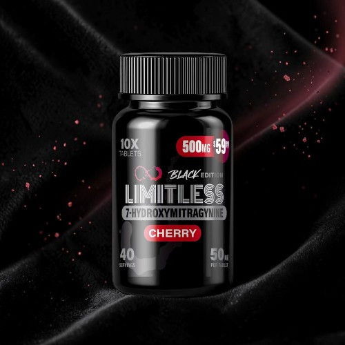 Black bottle of Limitless Cherry supplement on a dark background.