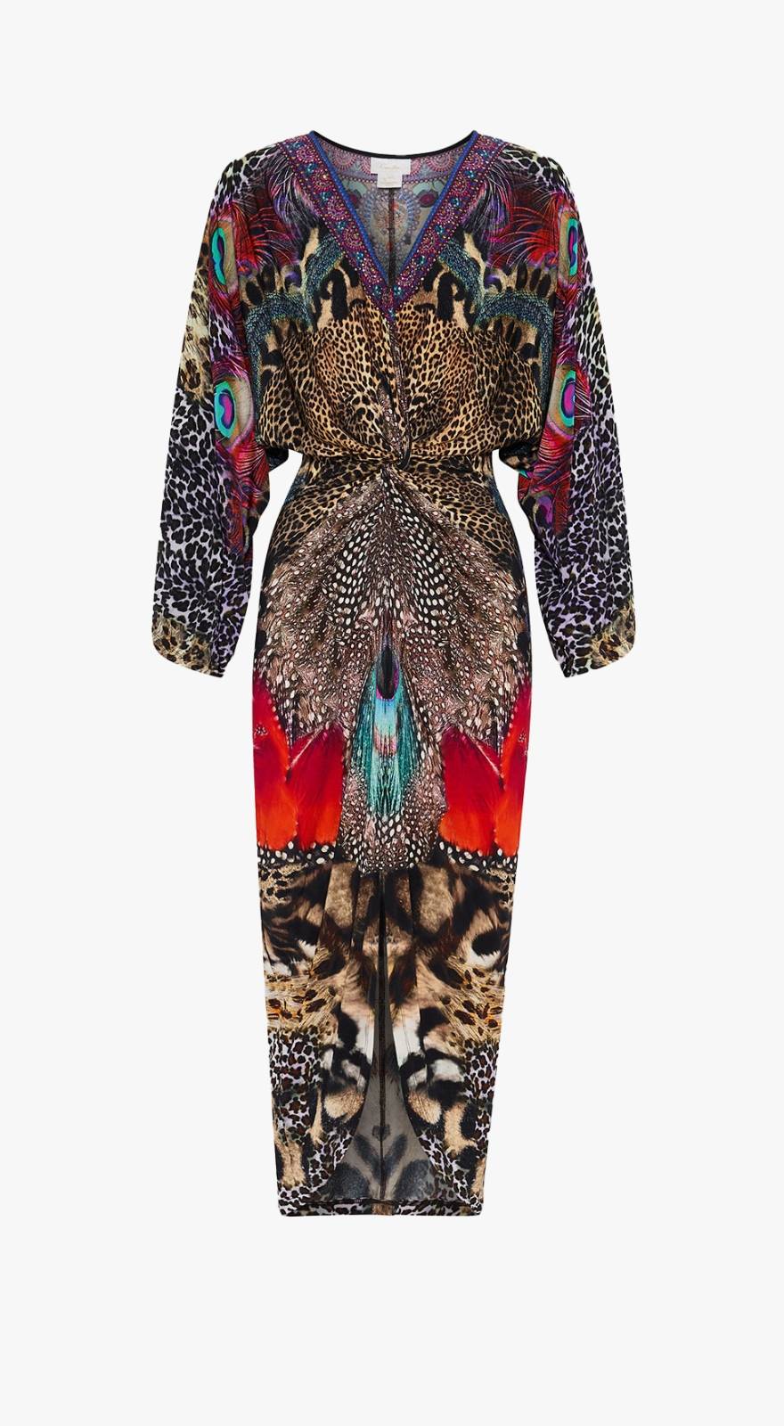 longsleeve maxi leopard print CAMILLA dress with twist at front